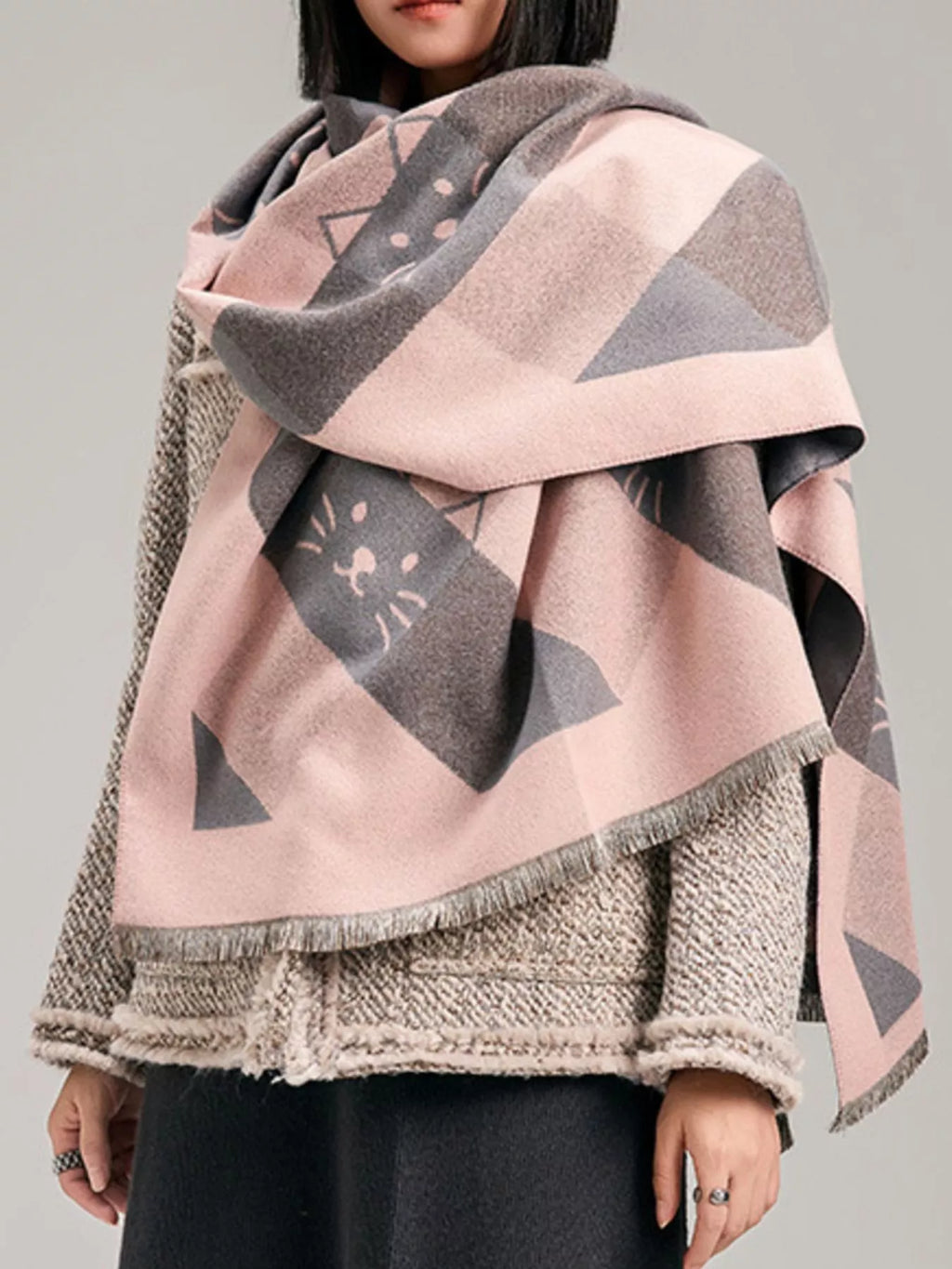 Cute Cat Pattern Plaid Raw Hem Scarf
