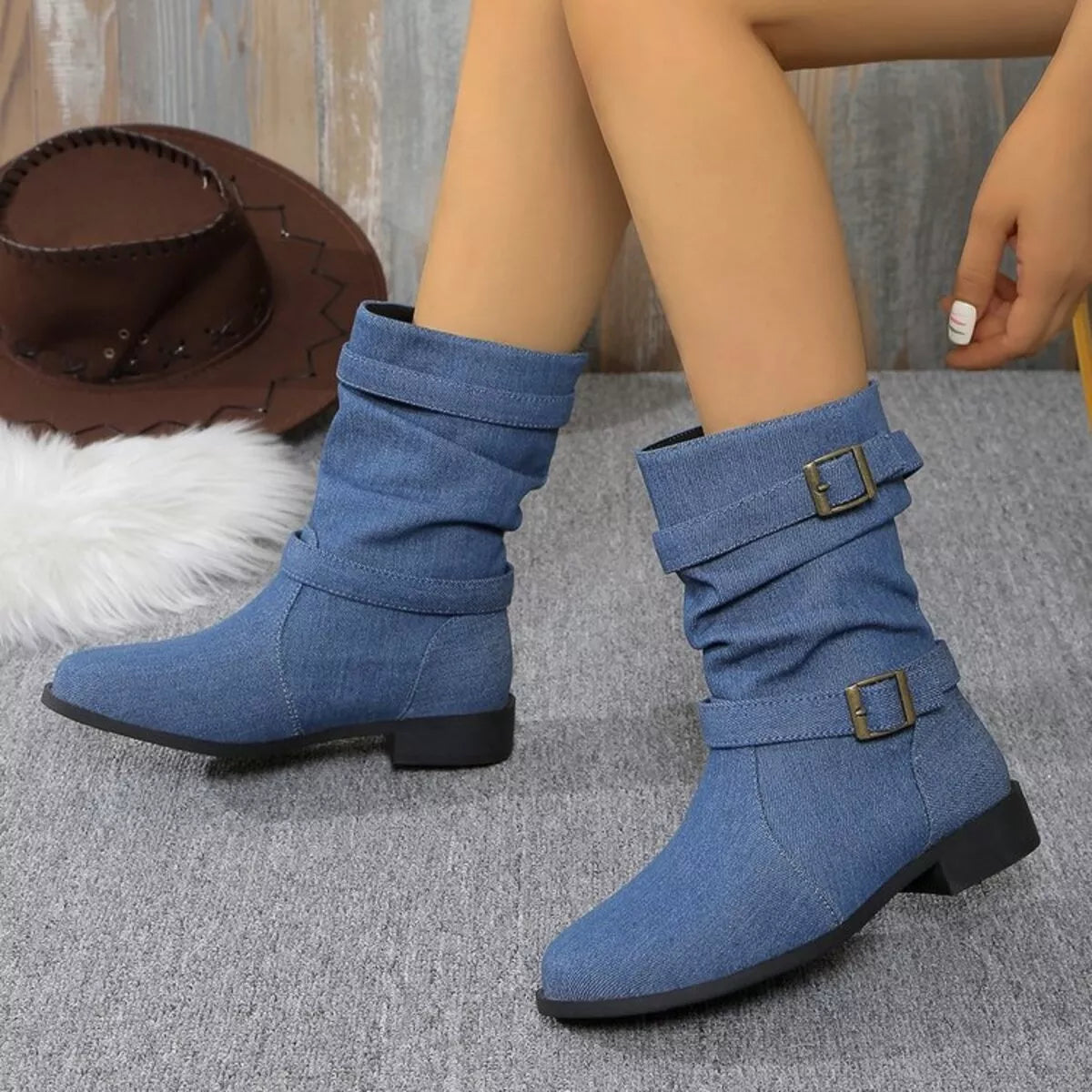 Buckle Accent Block Heel Boots