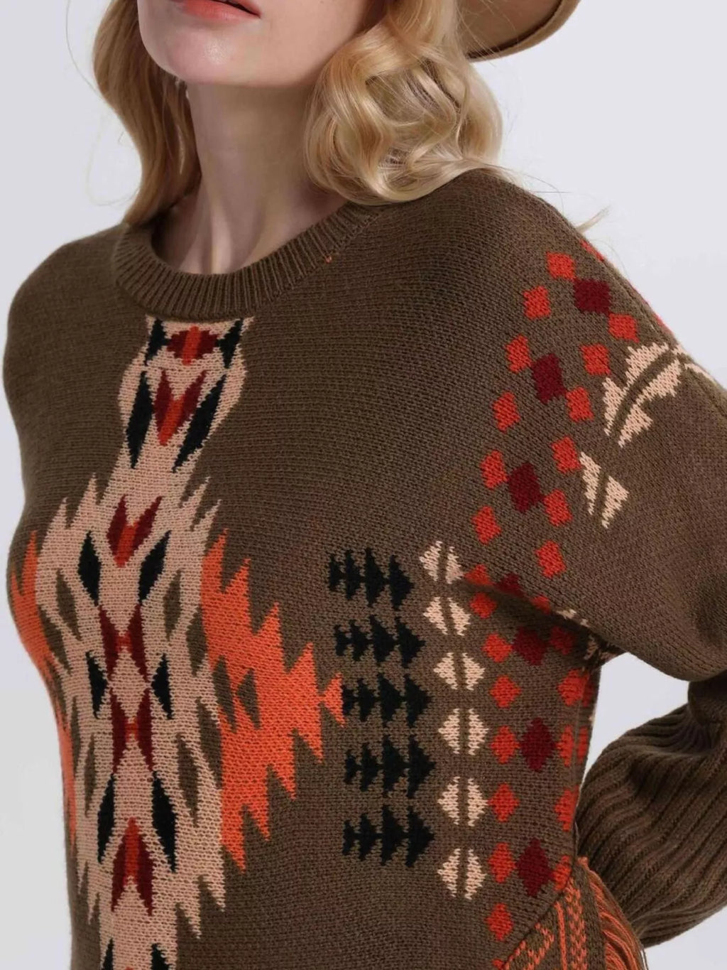 Geometric Pattern Fringe Sweater