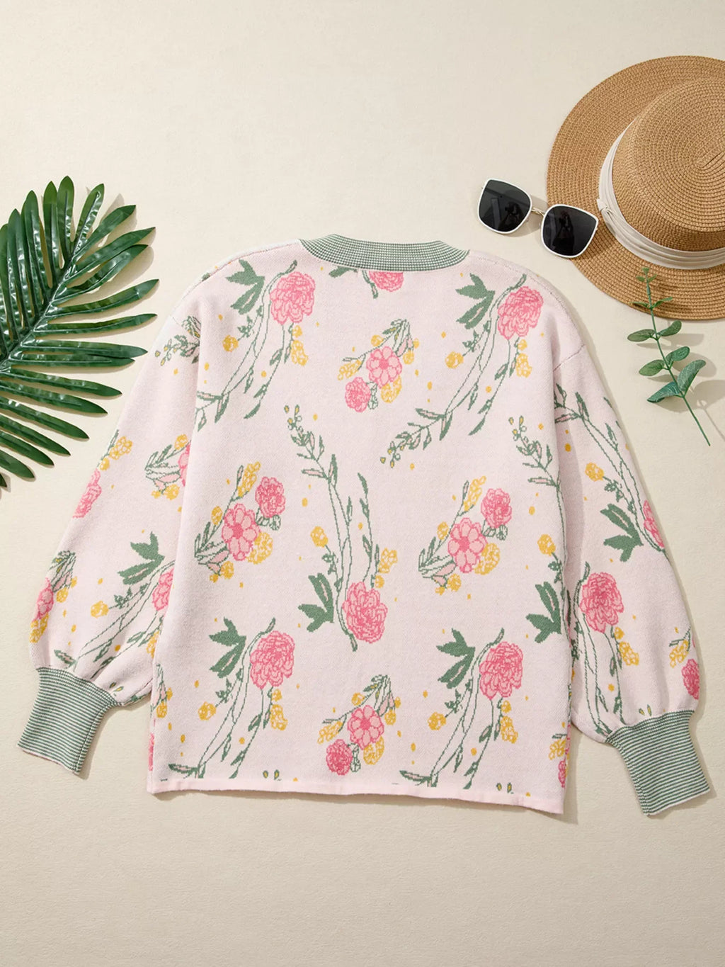 Floral Pattern Striped V Neck Loose Sweater