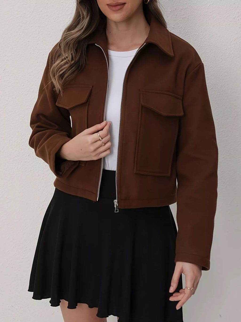 Cropped Zip-Up Pocketed Jacket