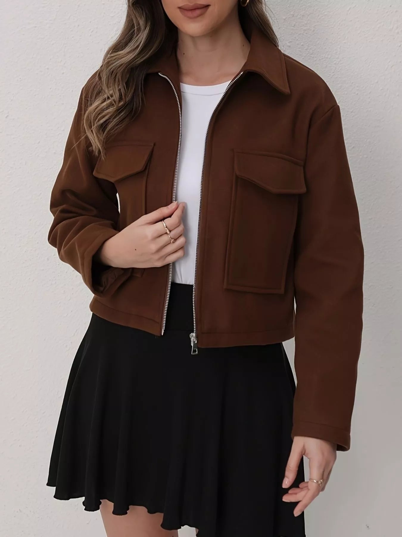 Cropped Zip-Up Pocketed Jacket