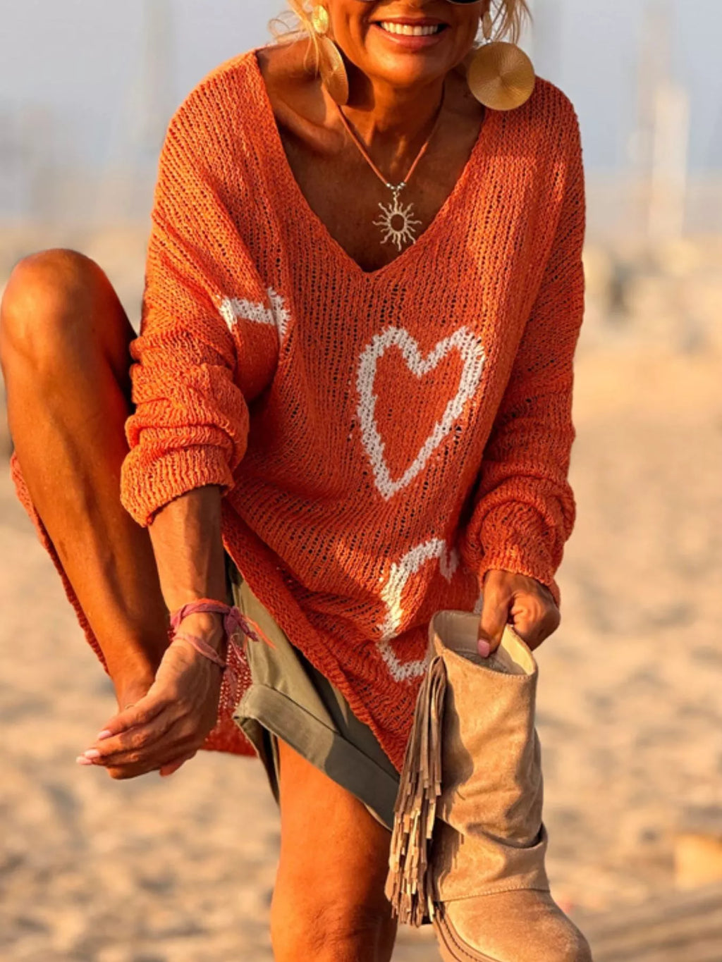 Heart V-Neck Dropped Shoulder Sweater