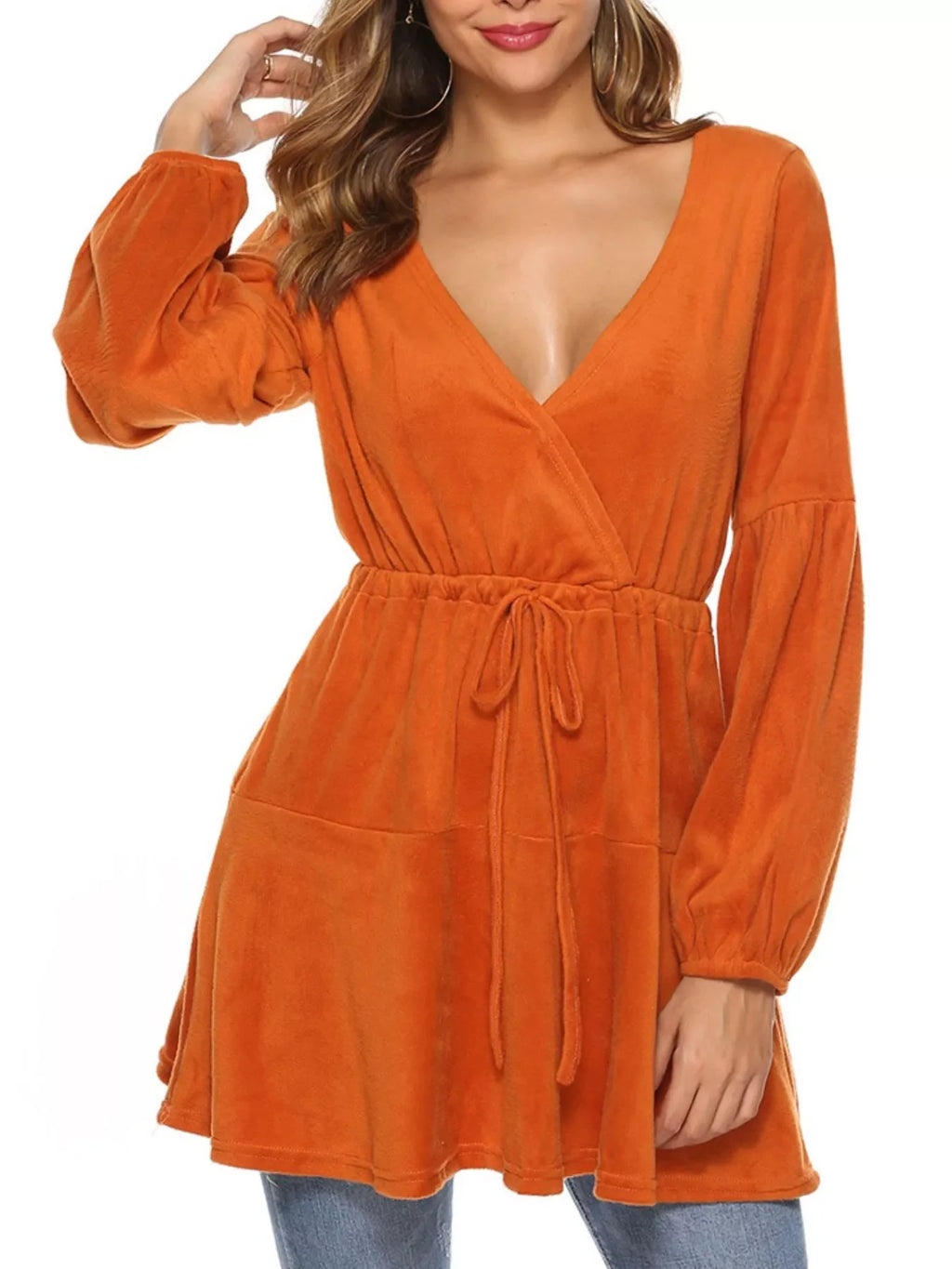 Velvet Long Sleeve Drawstring Blouse