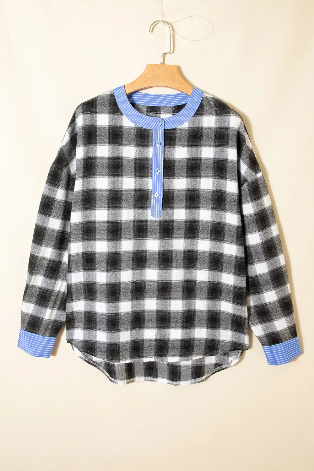 Contrast Striped Edge Half Placket Plaid Blouse