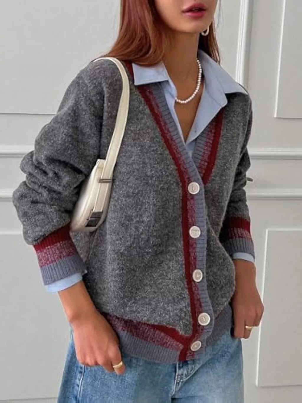Striped Trim Button-Up Knit Cardigan