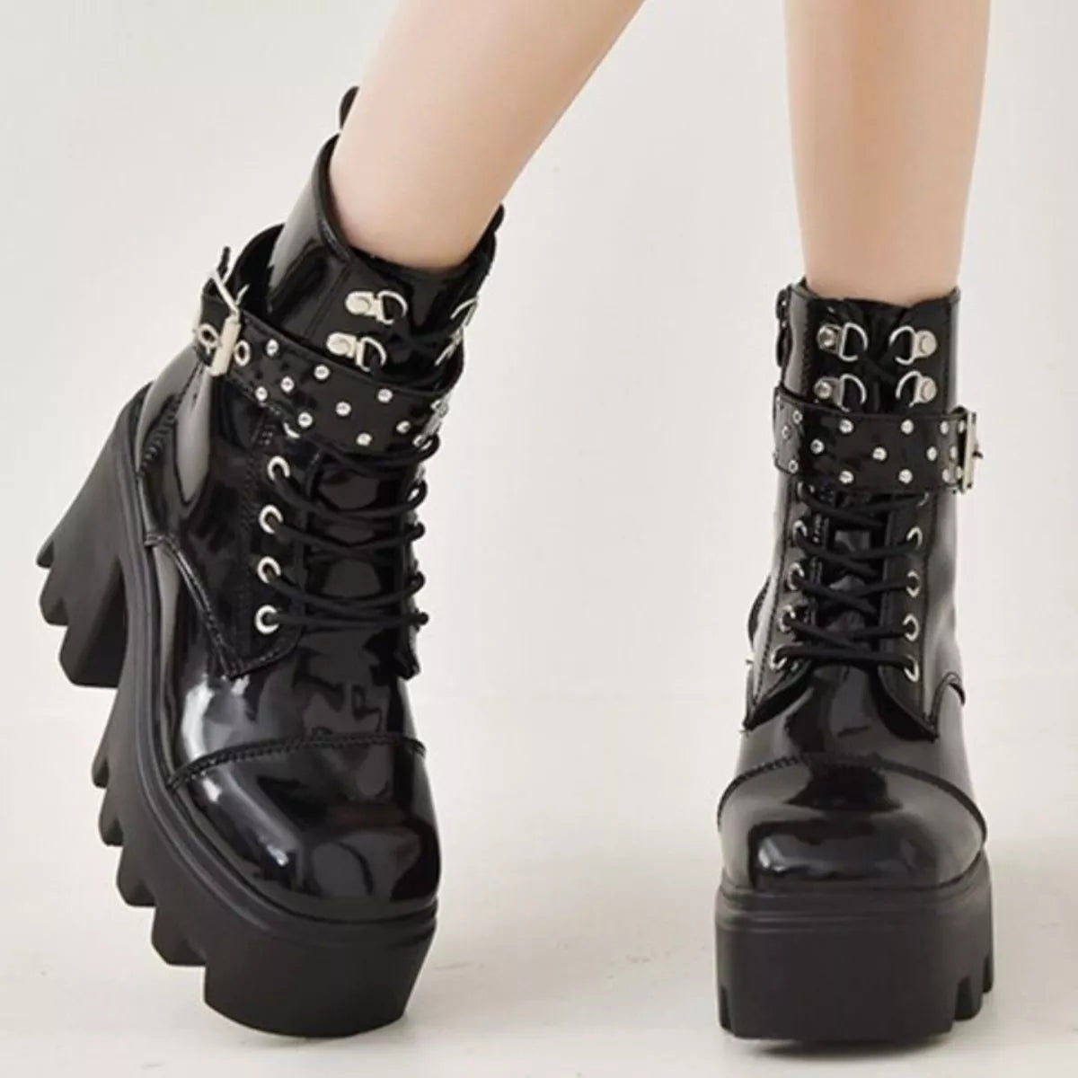 Platform Ankle Boots with Buckle and Studded Detail