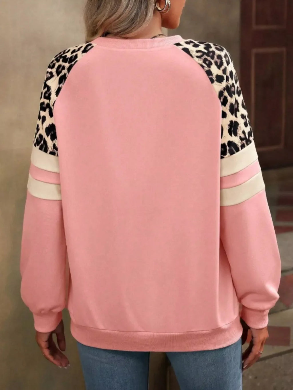 Leopard Raglan Sleeve Striped Sweatshirt