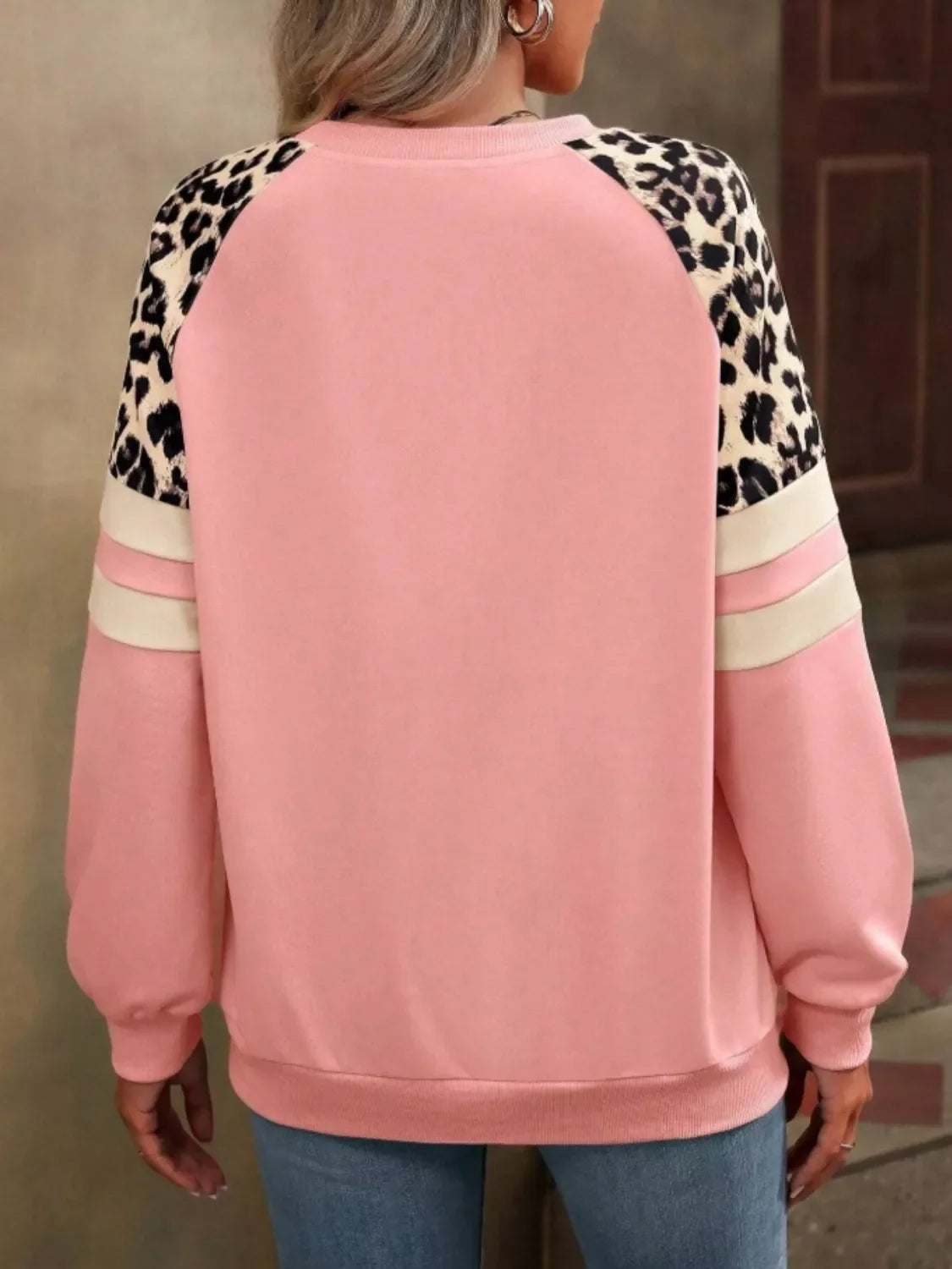Leopard Raglan Sleeve Striped Sweatshirt