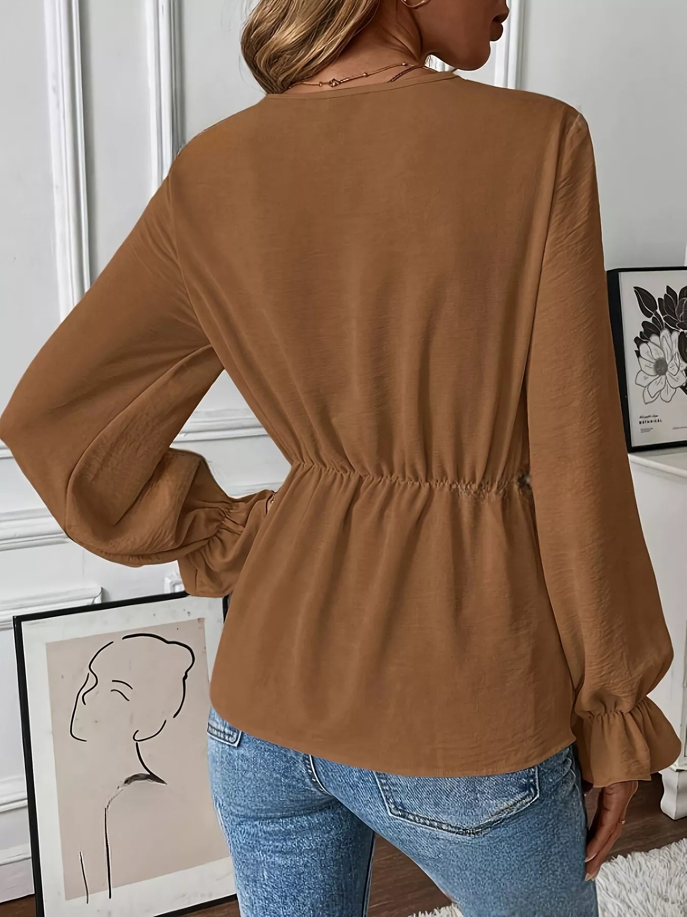 Knot Front Flounce Sleeve Blouse