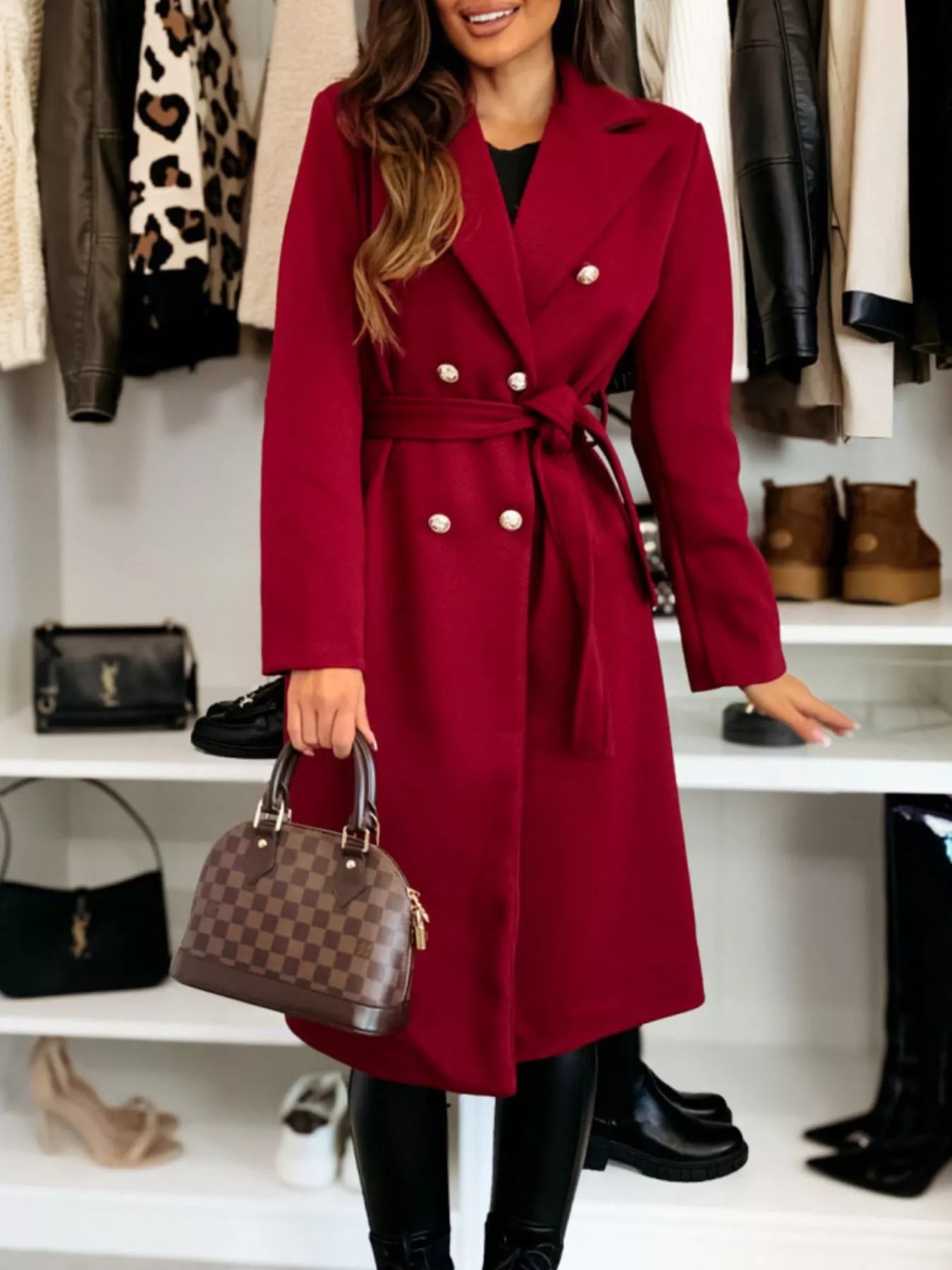 Double-Breasted Tie Waist Overcoat