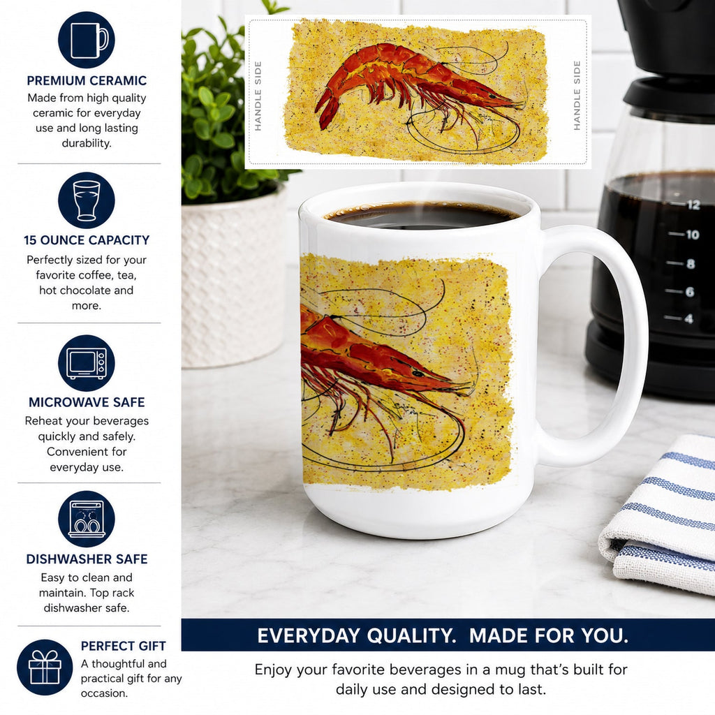 Shrimp Ceramic Coffee Mug 15 oz Decorative Large C Handle Mug Cup for Tea, Cocoa Hot Chocolate