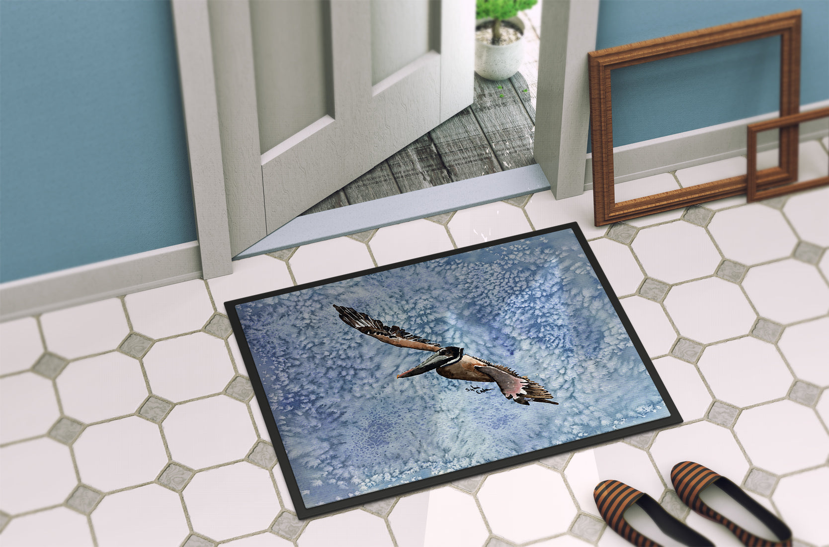 Pelican Cool Blue Water Doormat Indoor Outdoor 18H X 27W Front Door Mat Rugs for Entryway, Non Slip Washable