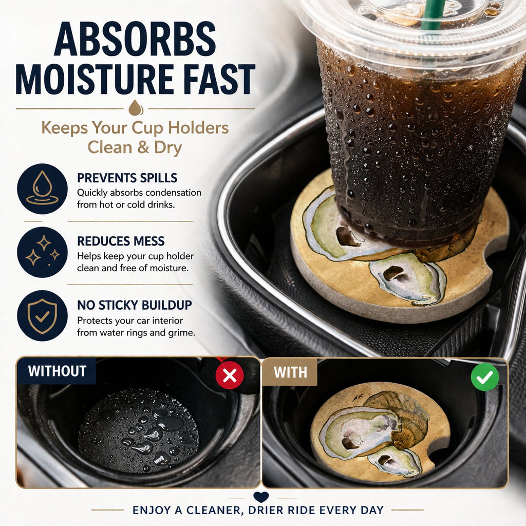 Oyster  Sandy Beach Set of 2 Cup Holder Car Coasters Absorbent Round Sandstone Coasters Gifts for Men or Women, 2.5, Multicolor