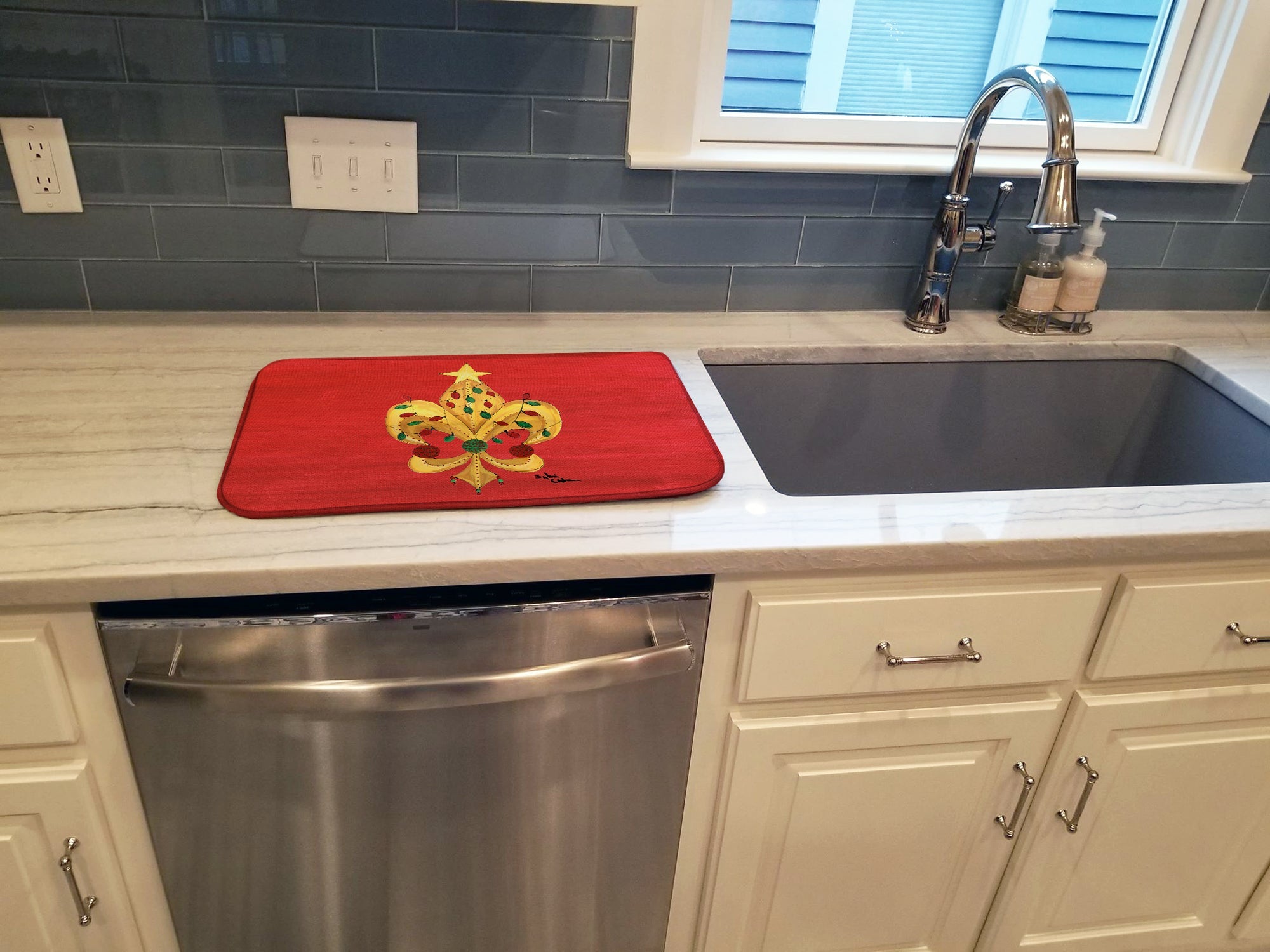 Christmas Tree Fleur de lis with lights Dish Drying Mat Absorbent Dish Drying Mat Pad for Kitchen Counter Dish Drainer Mat for Countertop, 14 x 21", Multicolor