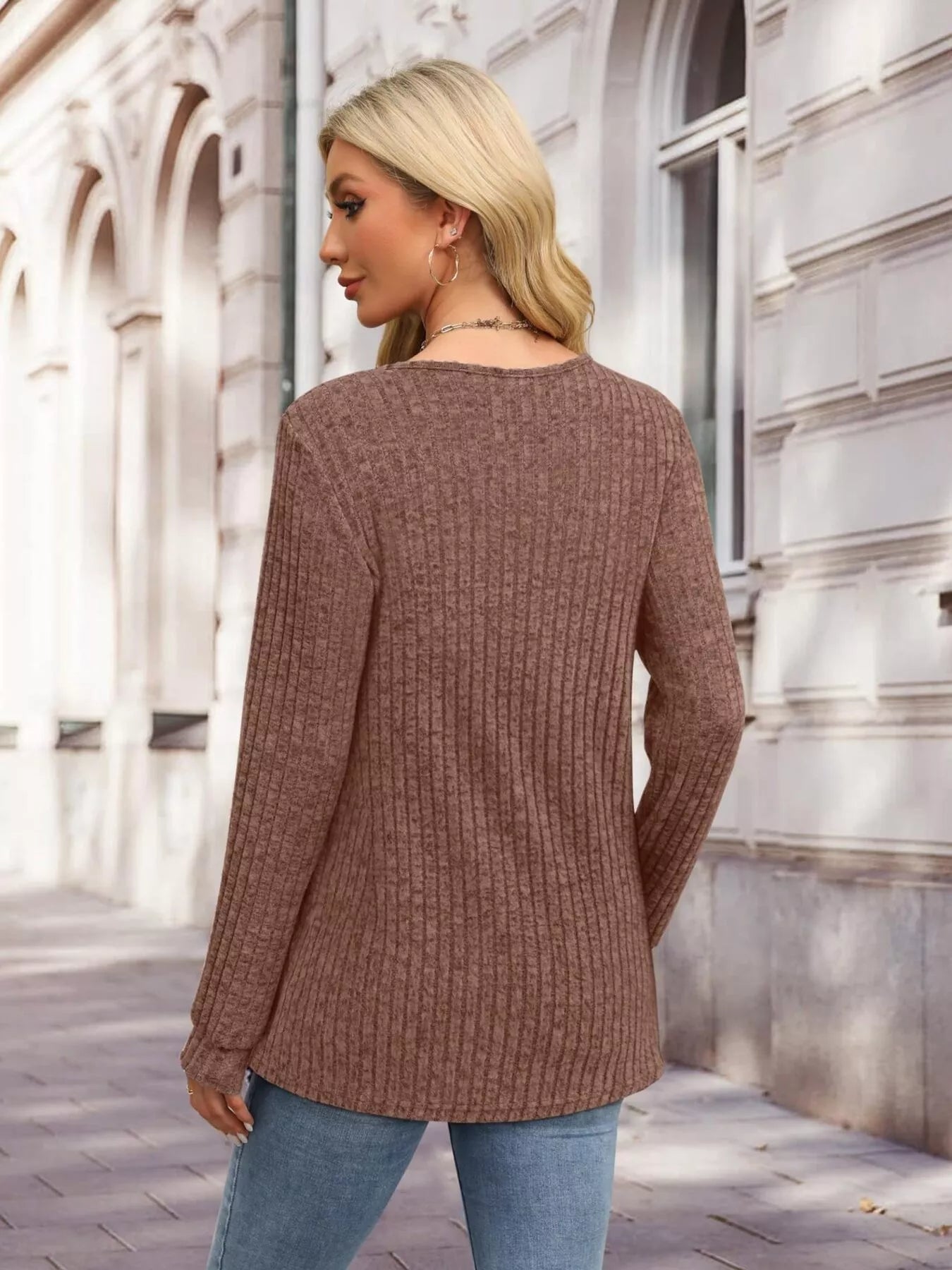 Ribbed Knit Button-Front Long Sleeve T-Shirt