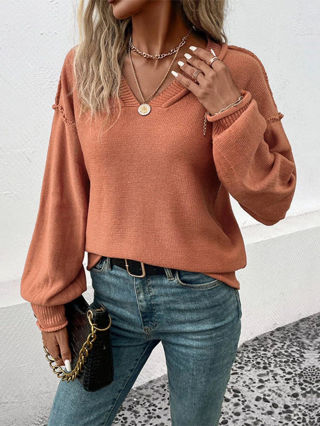 V-Neck Dropped Shoulder Sweater