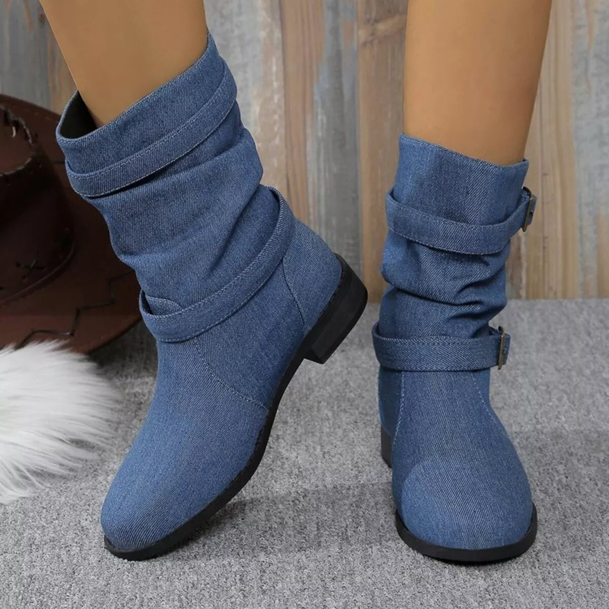 Buckle Accent Block Heel Boots