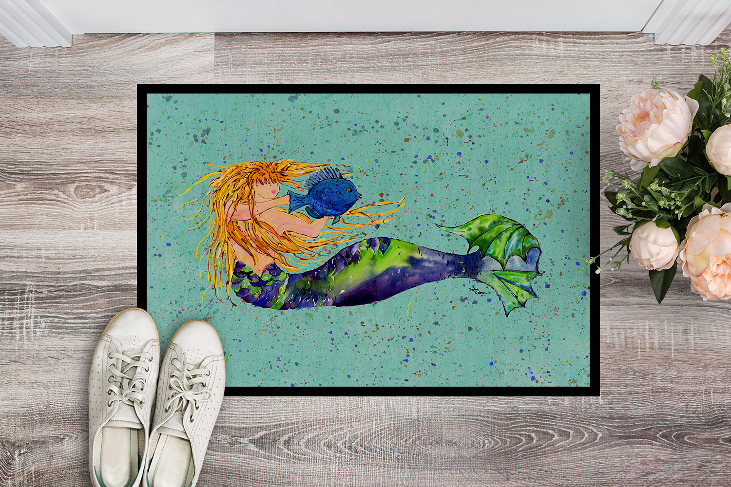 Blonde Mermaid on Teal Doormat Indoor Outdoor 18H X 27W Front Door Mat Rugs for Entryway, Non Slip Washable