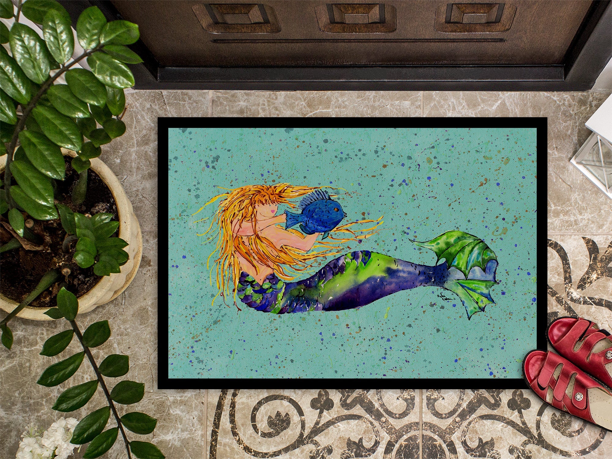 Blonde Mermaid on Teal Doormat Indoor Outdoor 18H X 27W Front Door Mat Rugs for Entryway, Non Slip Washable