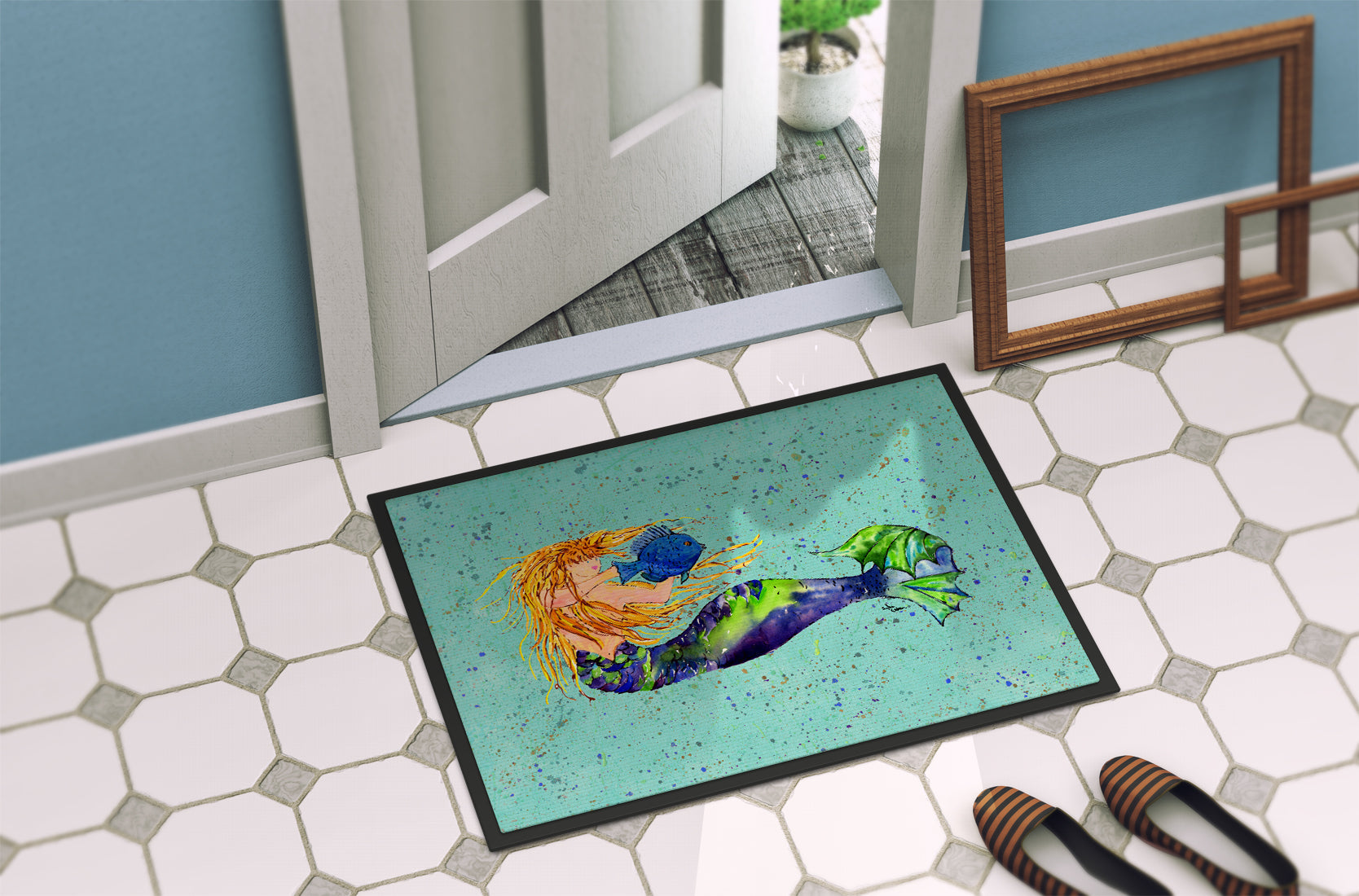 Blonde Mermaid on Teal Doormat Indoor Outdoor 18H X 27W Front Door Mat Rugs for Entryway, Non Slip Washable