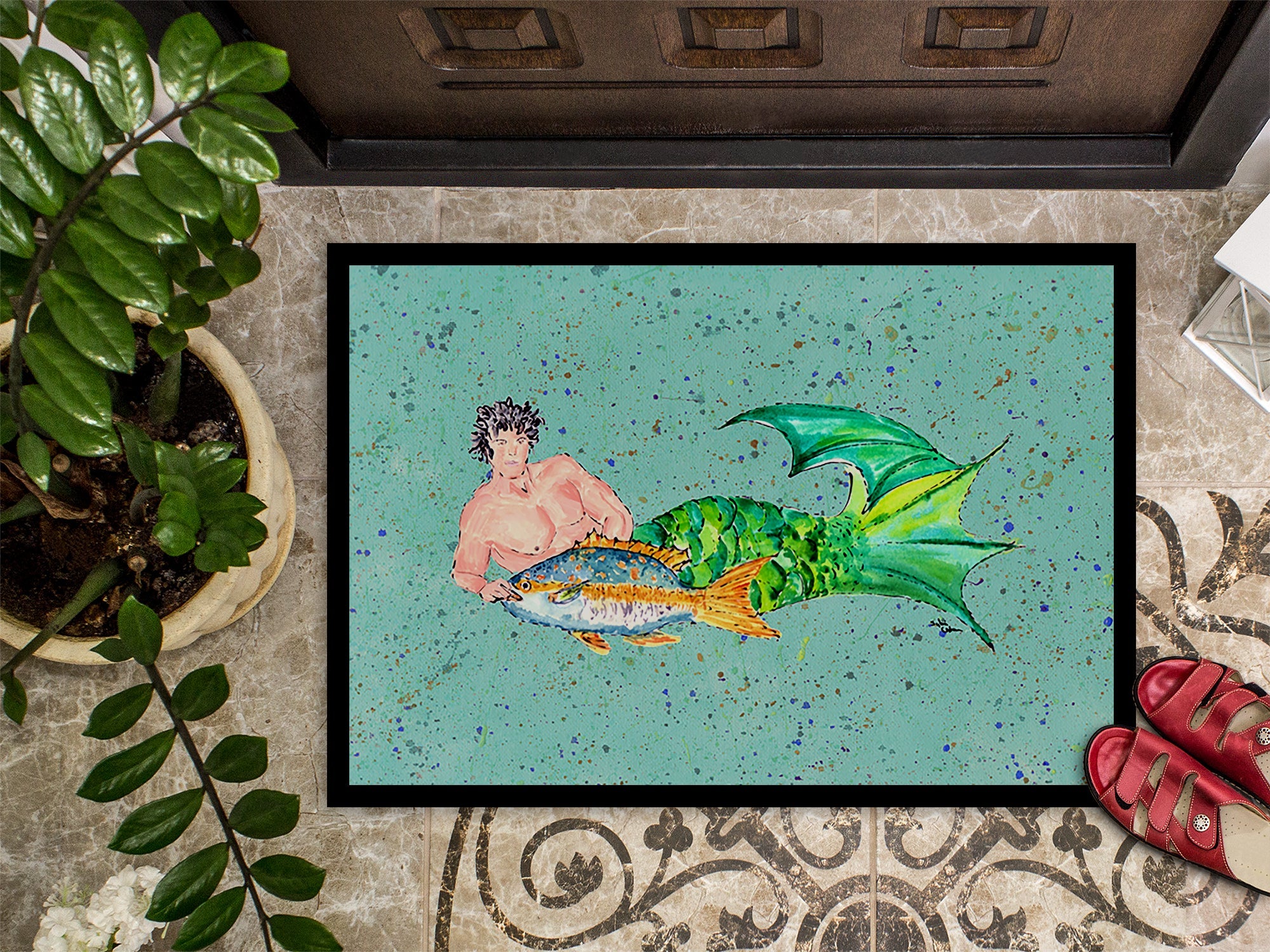 Black Haired Merman Doormat Indoor Outdoor 18H X 27W Front Door Mat Rugs for Entryway, Non Slip Washable