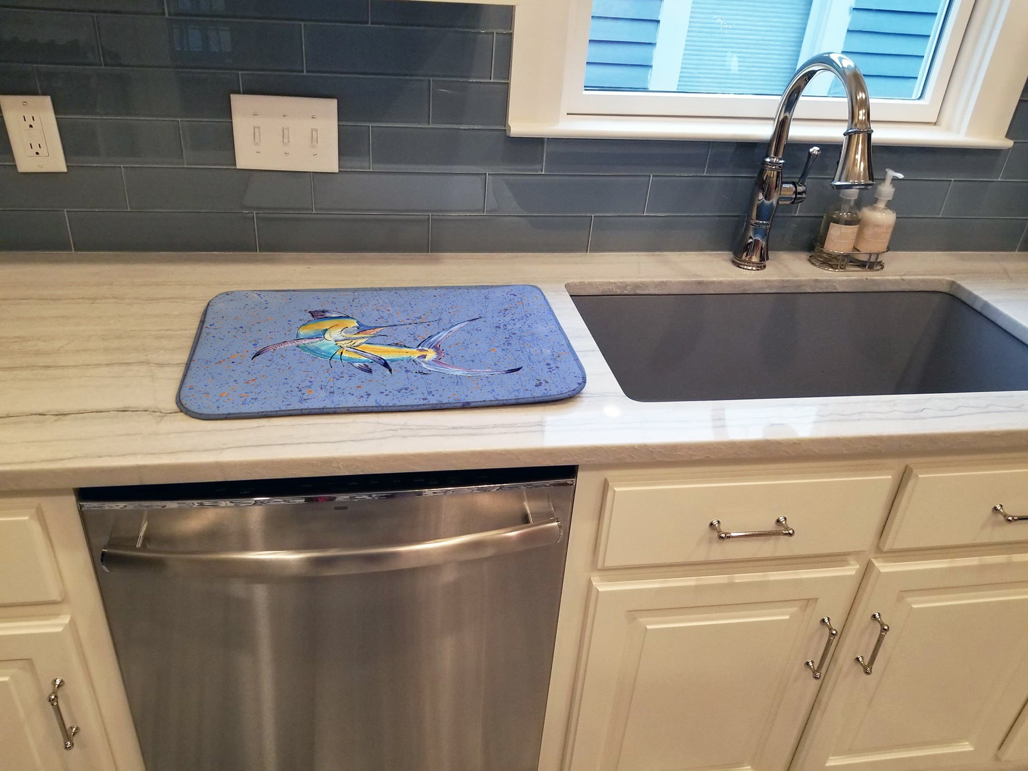 Blue Marlin Dish Drying Mat Absorbent Dish Drying Mat Pad for Kitchen Counter Dish Drainer Mat for Countertop, 14 x 21", Multicolor