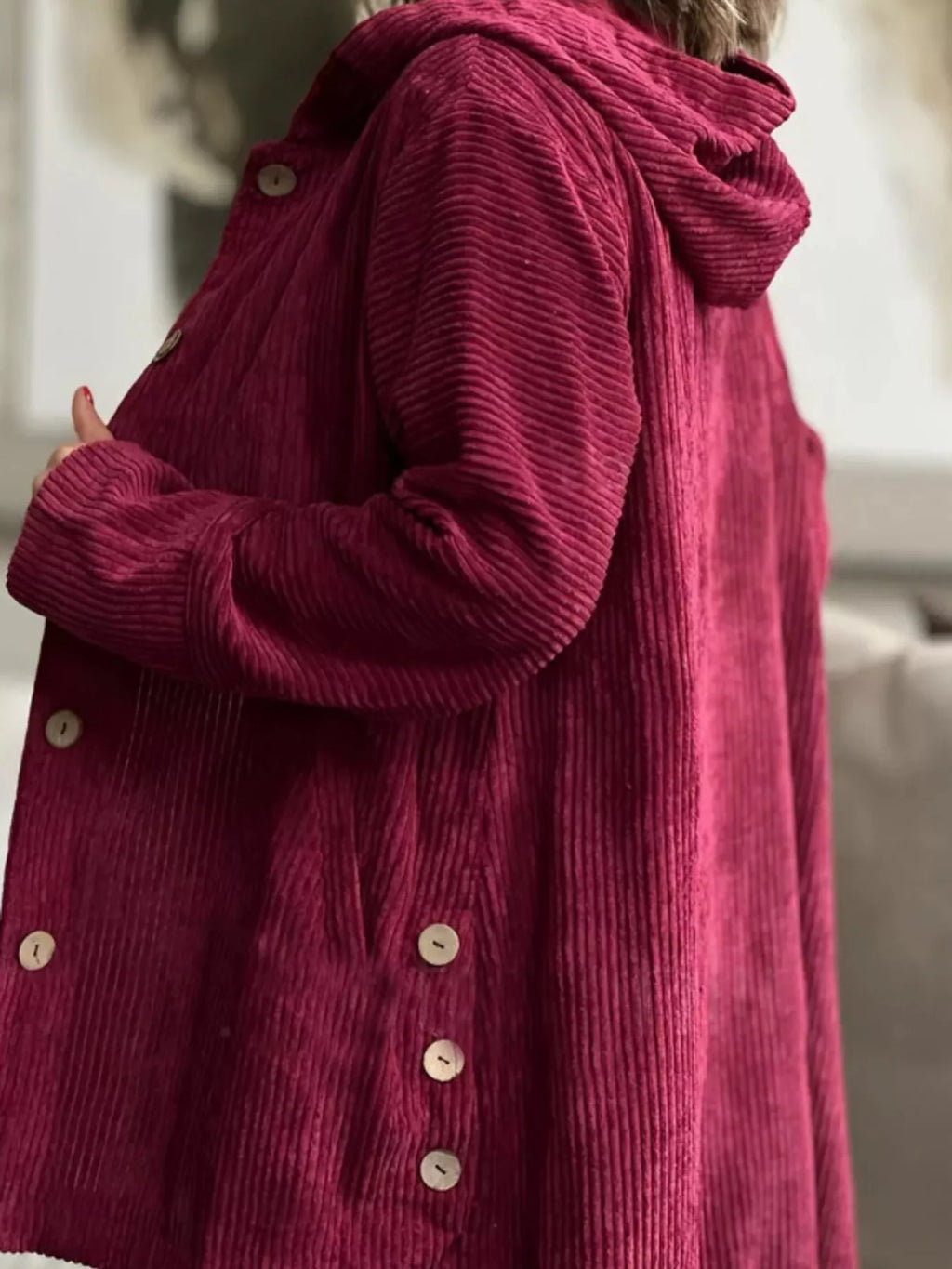 Full Size Corduroy Button Up Hooded Jacket Plus Size