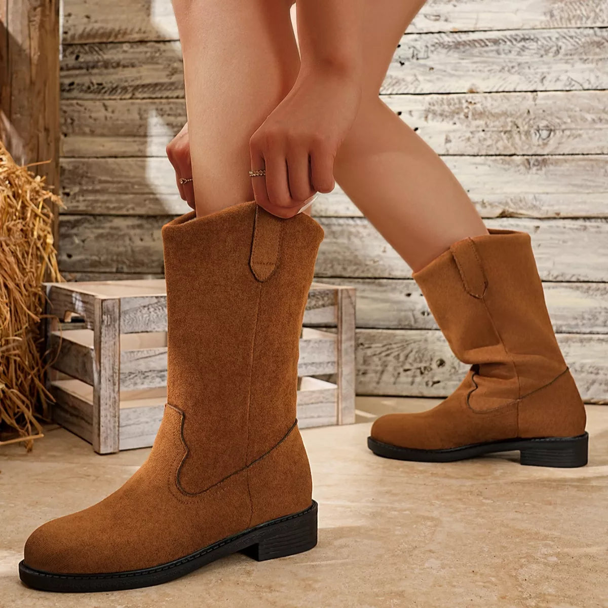 Suede Mid-Calf Western Boots