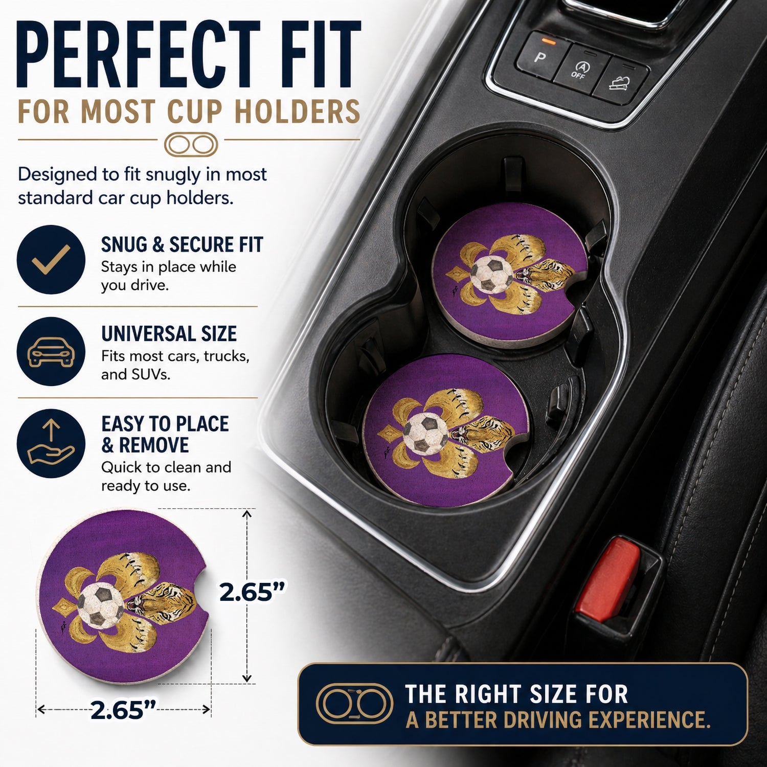Tiger Fleur de lis Soccer Set of 2 Cup Holder Car Coasters Absorbent Round Sandstone Coasters Gifts for Men or Women, 2.5, Multicolor