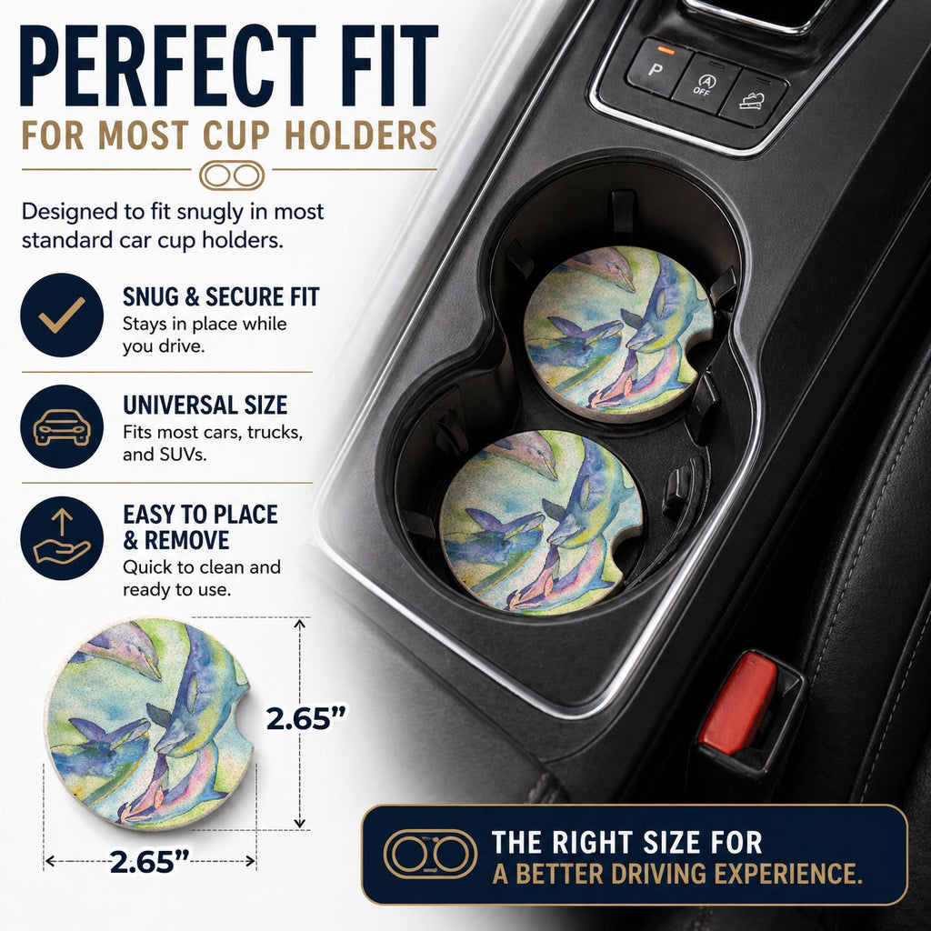 Dolphin Set of 2 Cup Holder Car Coasters Absorbent Round Sandstone Coasters Gifts for Men or Women, 2.5, Multicolor
