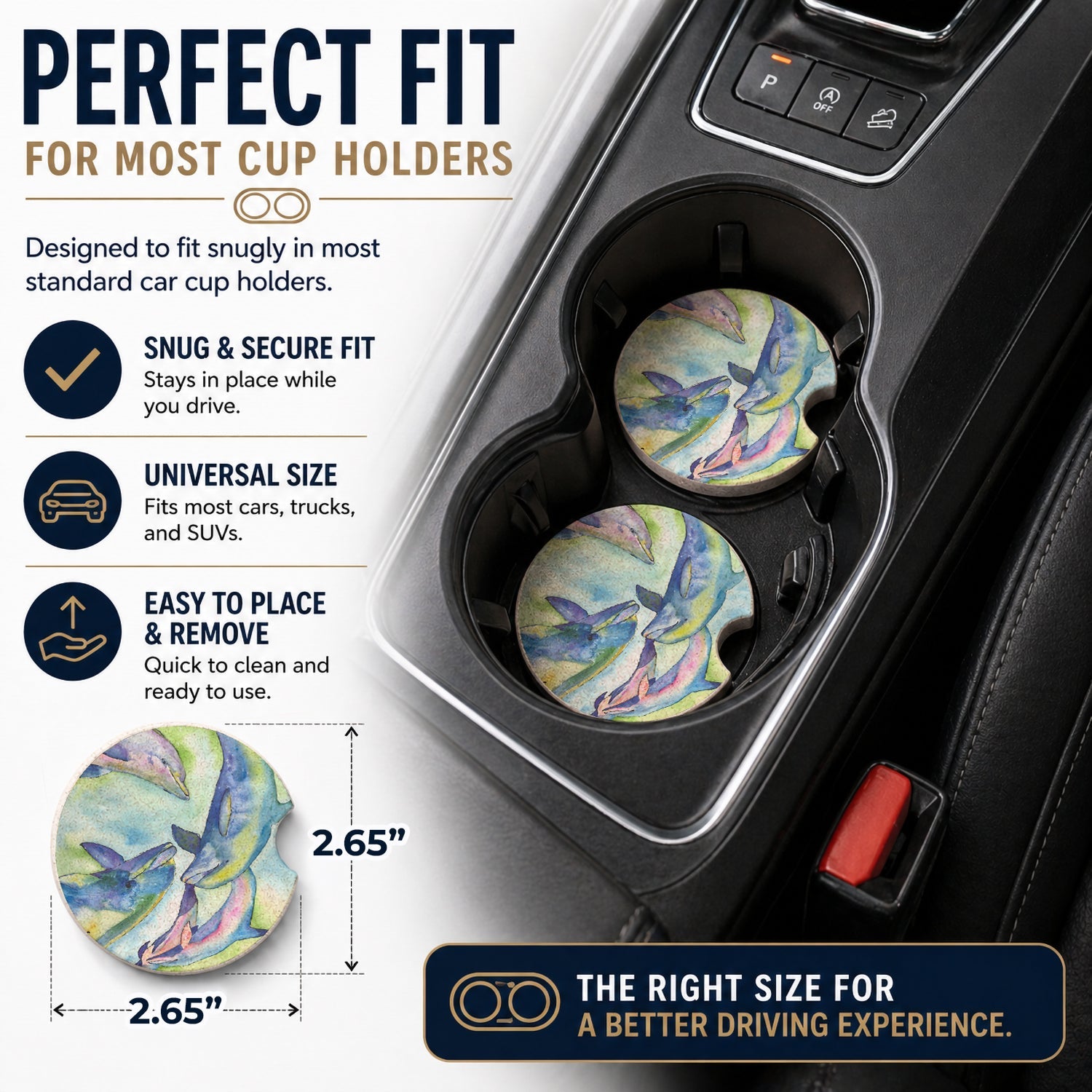 Dolphin Set of 2 Cup Holder Car Coasters Absorbent Round Sandstone Coasters Gifts for Men or Women, 2.5, Multicolor