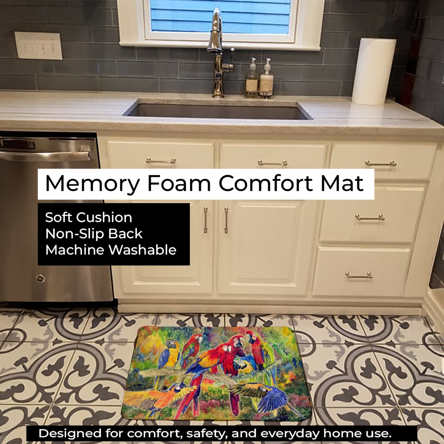 Parrot Memory Foam Kitchen Mat Machine Washable Anti-Fatigue Cushion Comfort Bath or Kitchen Rug