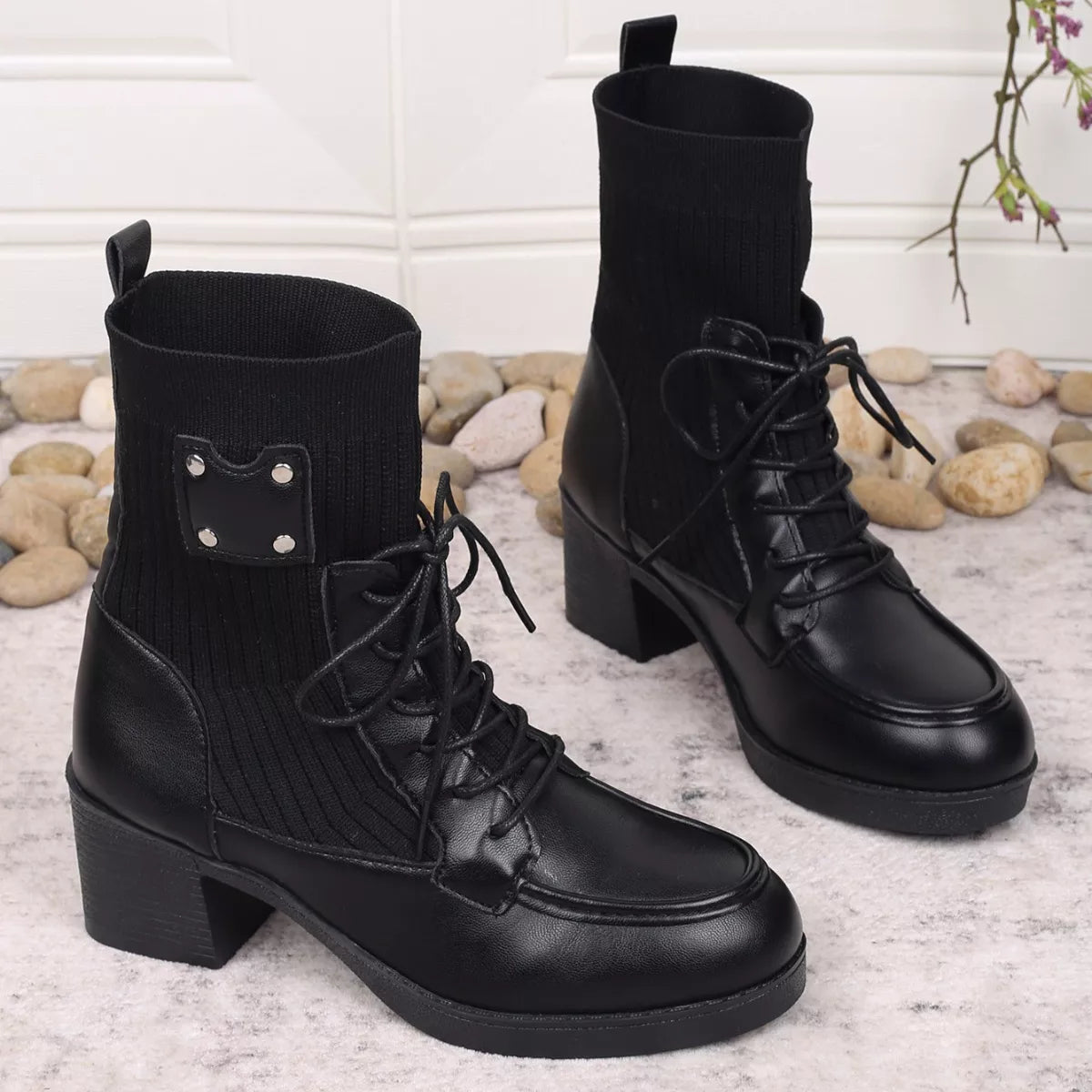 Lace Up Block Heels Boots