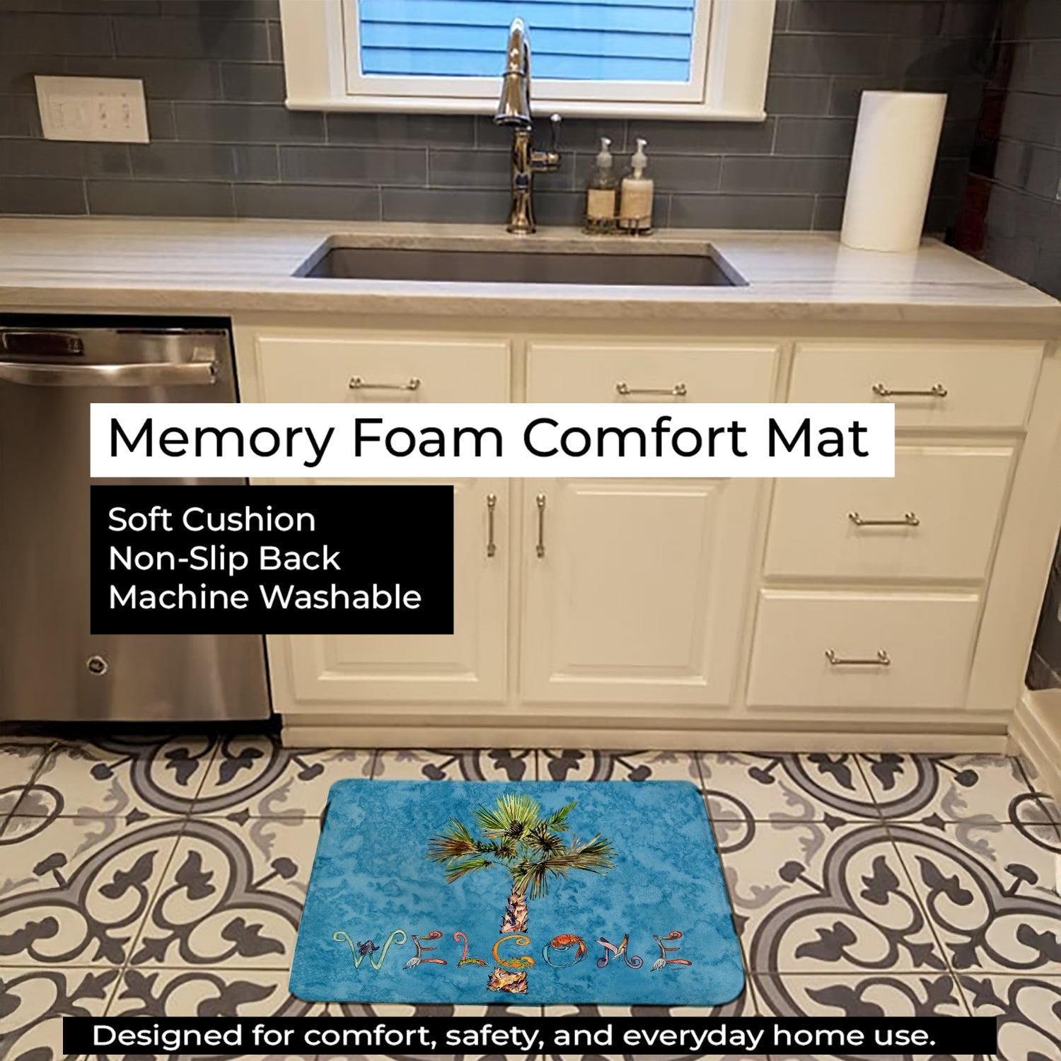 Welcome Palm Tree on Blue Memory Foam Kitchen Mat Machine Washable Anti-Fatigue Cushion Comfort Bath or Kitchen Rug