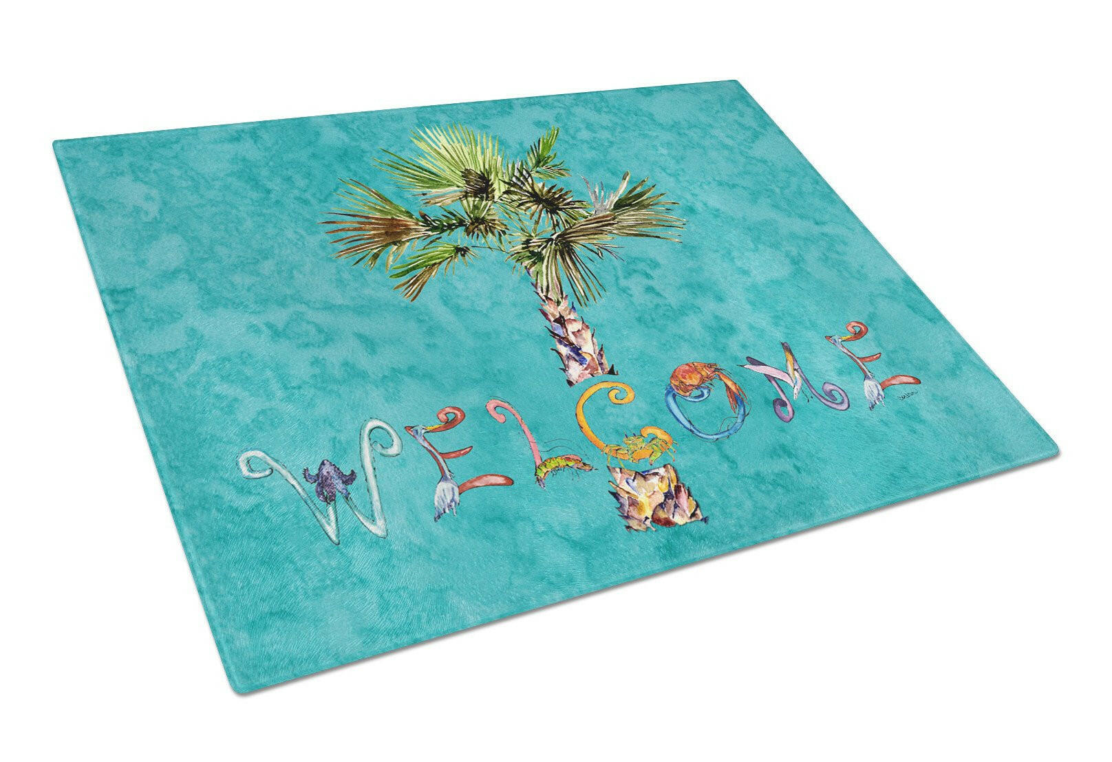 Welcome Palm Tree on Teal Cutting Board Tempered Glass Kitchen Cutting Surface, Heat Resistant Chopping, Non-Slip Feet, Food Prep & Serving