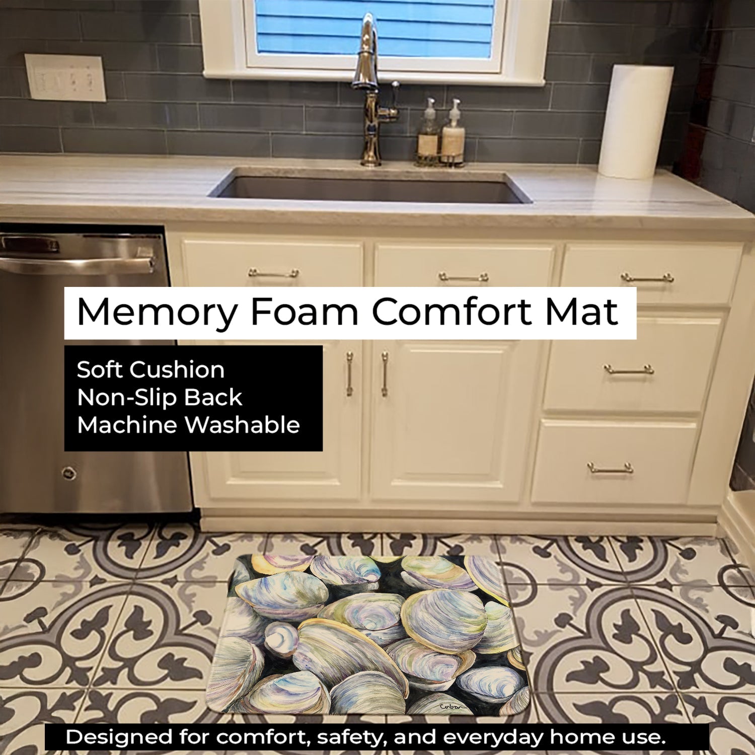 Clam Quahog Memory Foam Kitchen Mat Machine Washable Anti-Fatigue Cushion Comfort Bath or Kitchen Rug