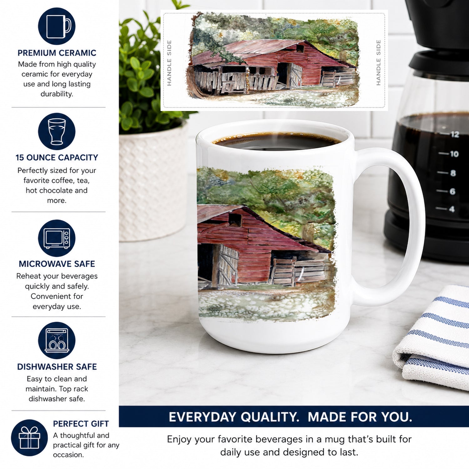 Old Barn Ceramic Coffee Mug 15 oz Decorative Large C Handle Mug Cup for Tea, Cocoa Hot Chocolate