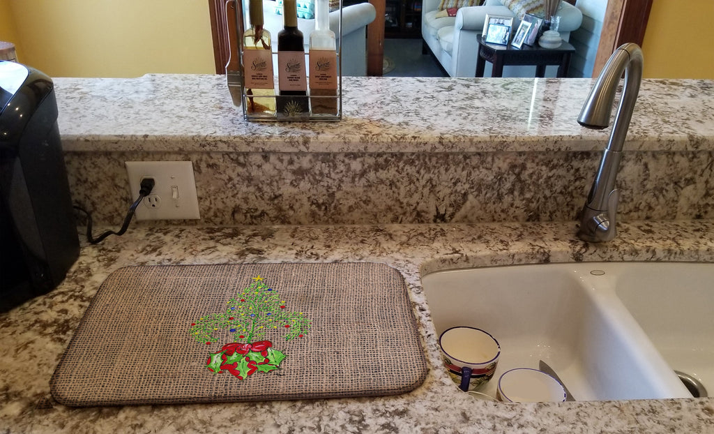 Christmas Tree Fleur de lis on Faux Burlap Dish Drying Mat Absorbent Dish Drying Mat Pad for Kitchen Counter Dish Drainer Mat for Countertop, 14 x 21", Multicolor
