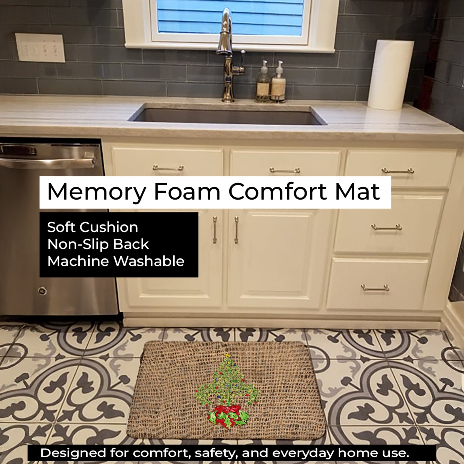 Christmas Tree Fleur de lis on Faux Burlap Memory Foam Kitchen Mat Machine Washable Anti-Fatigue Cushion Comfort Bath or Kitchen Rug