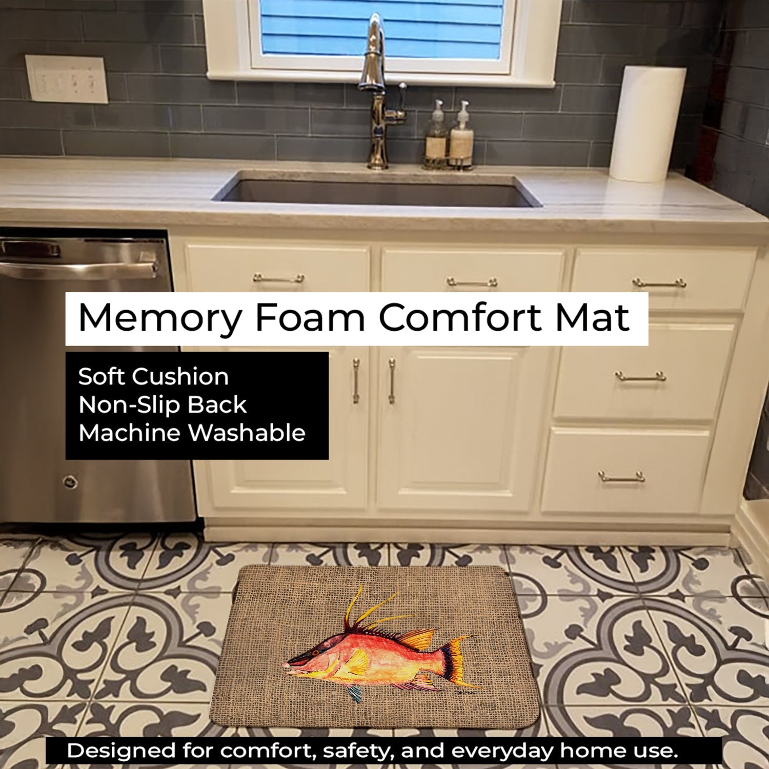 Hog Snapper on Faux Burlap Memory Foam Kitchen Mat Machine Washable Anti-Fatigue Cushion Comfort Bath or Kitchen Rug
