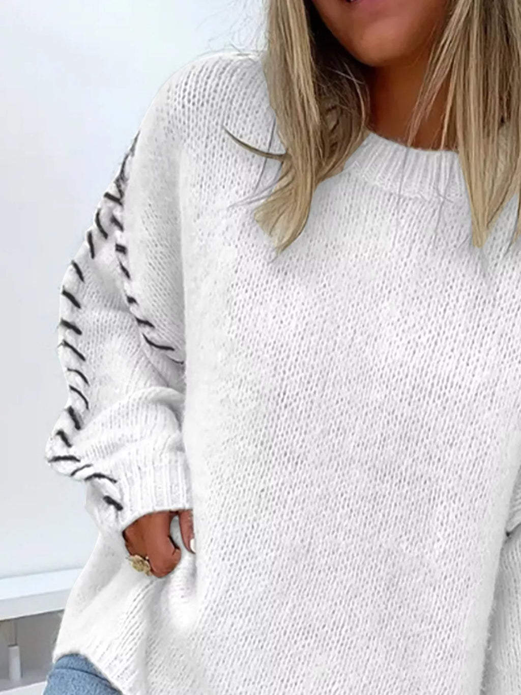 Contrast Stitching Dropped Shoulder Sweater