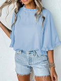 Frill Solid Round Neck Half Sleeve Blouse