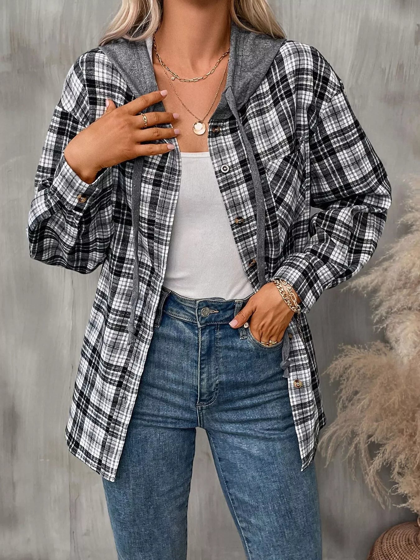 Hooded Plaid Button-Up Shirt