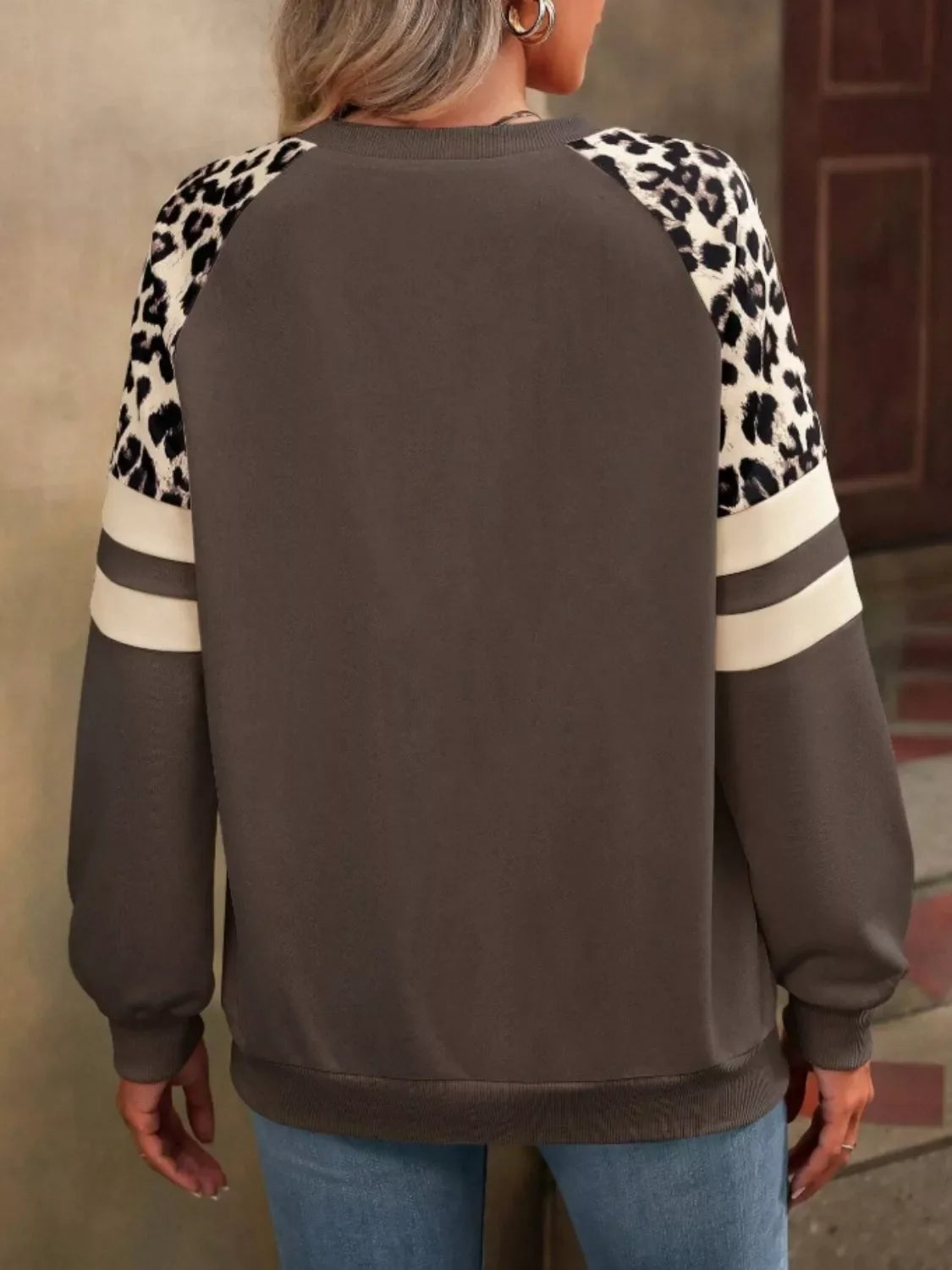 Leopard Raglan Sleeve Striped Sweatshirt