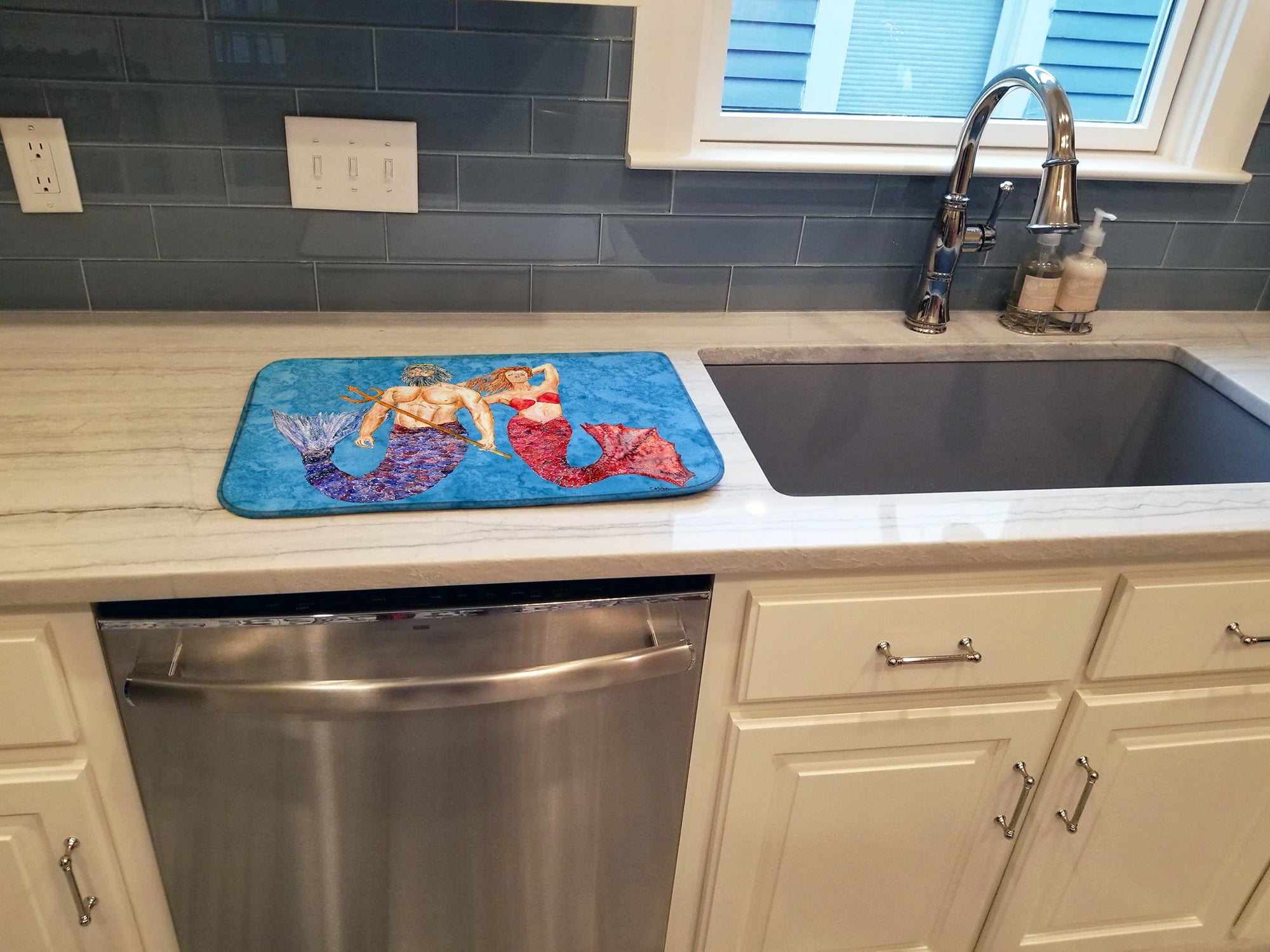 Mermaid and Merman Dish Drying Mat Absorbent Dish Drying Mat Pad for Kitchen Counter Dish Drainer Mat for Countertop, 14 x 21", Multicolor