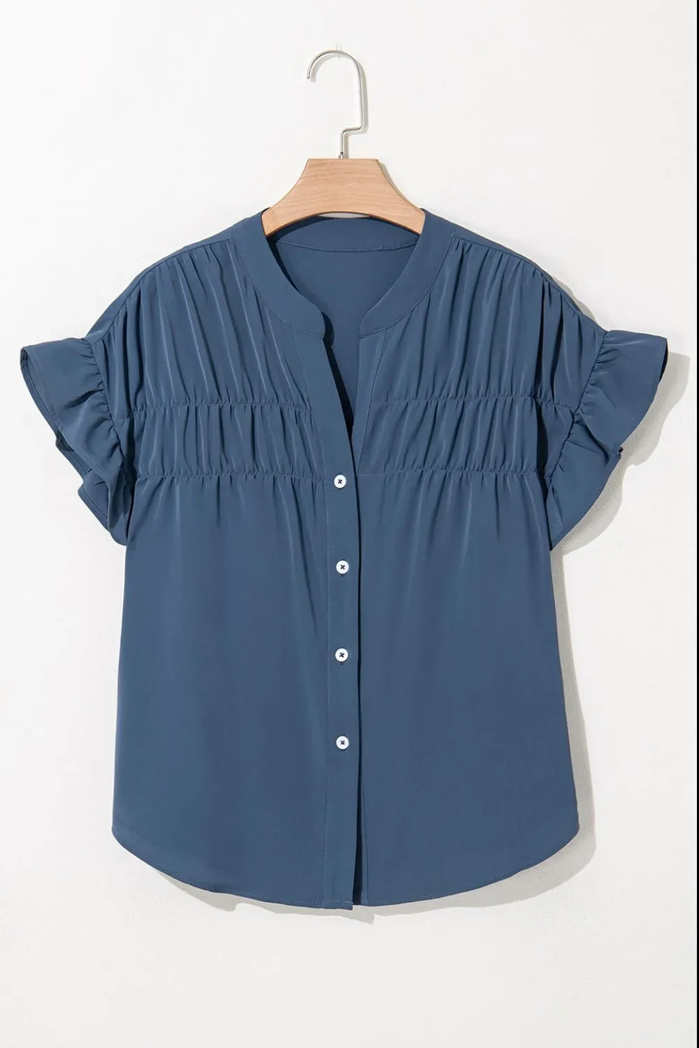 Ruffled Ruched Short Sleeve Button Down Shirt