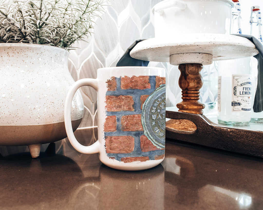 New Orleans Watermeter on Bricks Ceramic Coffee Mug 15 oz Decorative Large C Handle Mug Cup for Tea, Cocoa Hot Chocolate