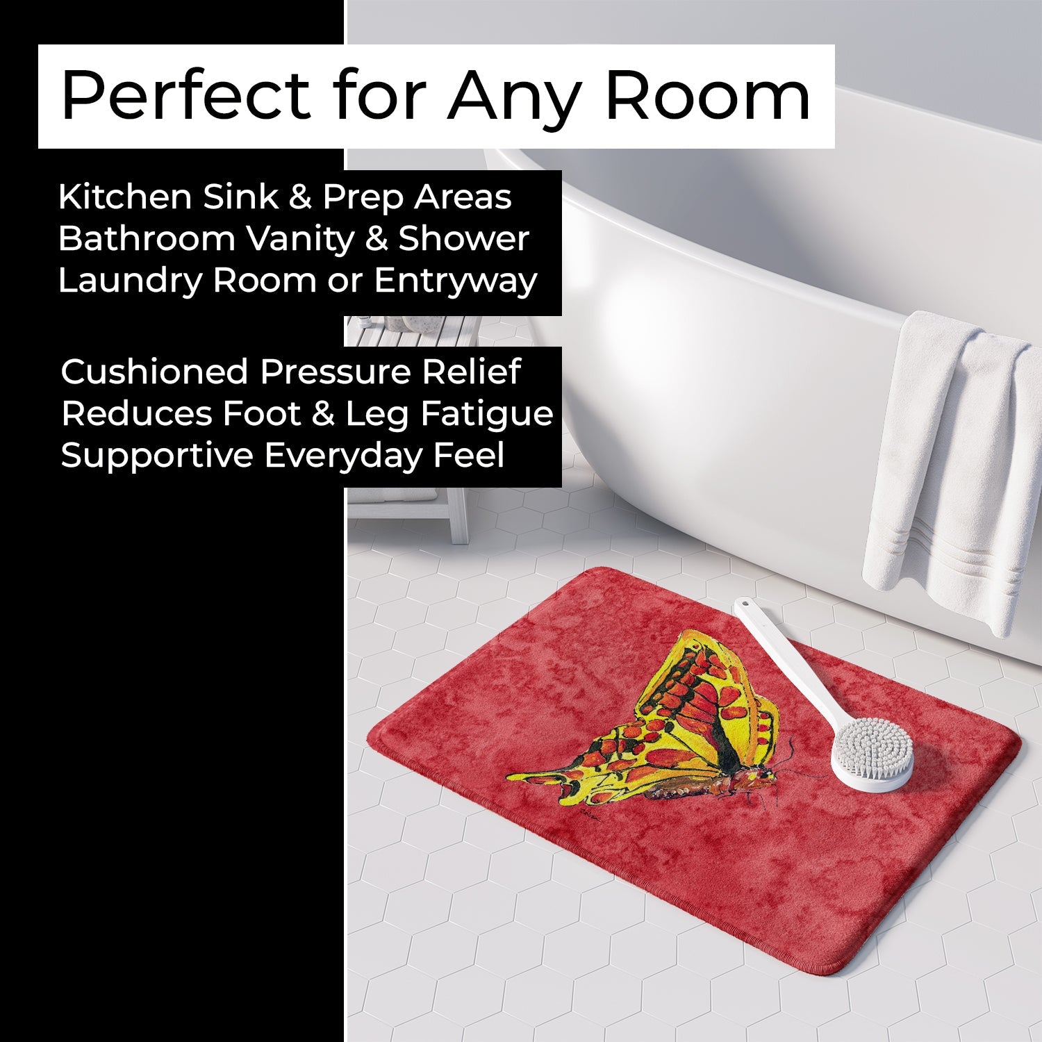 Butterfly on Red Memory Foam Kitchen Mat Machine Washable Anti-Fatigue Cushion Comfort Bath or Kitchen Rug