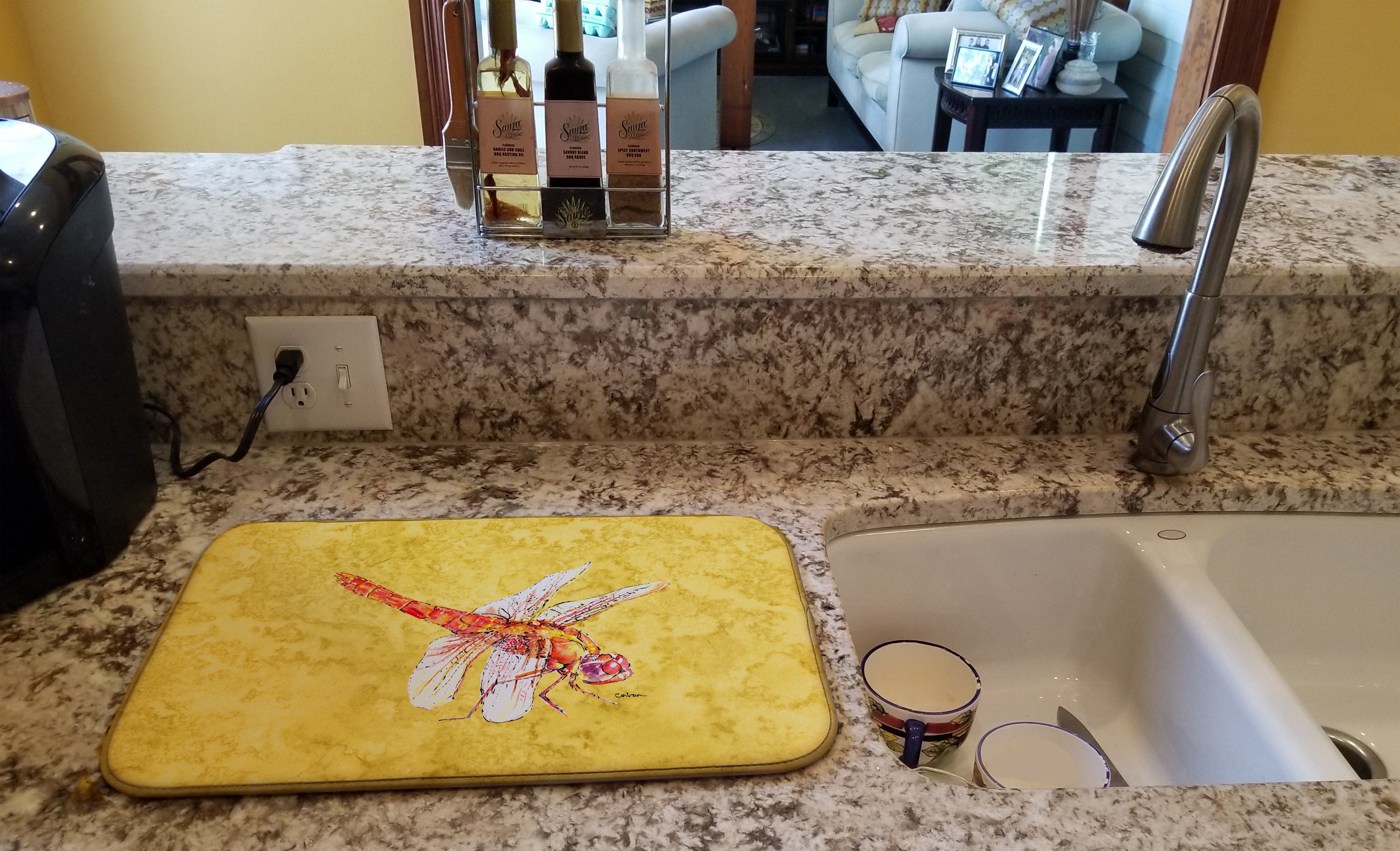 Dragonfly on Yellow Dish Drying Mat Absorbent Dish Drying Mat Pad for Kitchen Counter Dish Drainer Mat for Countertop, 14 x 21", Multicolor